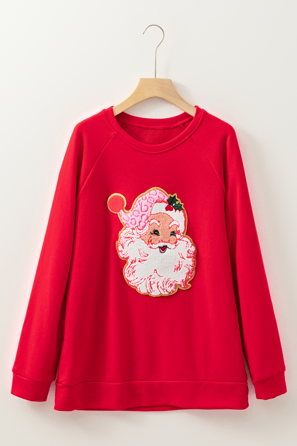 Red Santa Claus Graphic Crewneck Raglan Sleeve Christmas Sweatshirt - loveforevers
