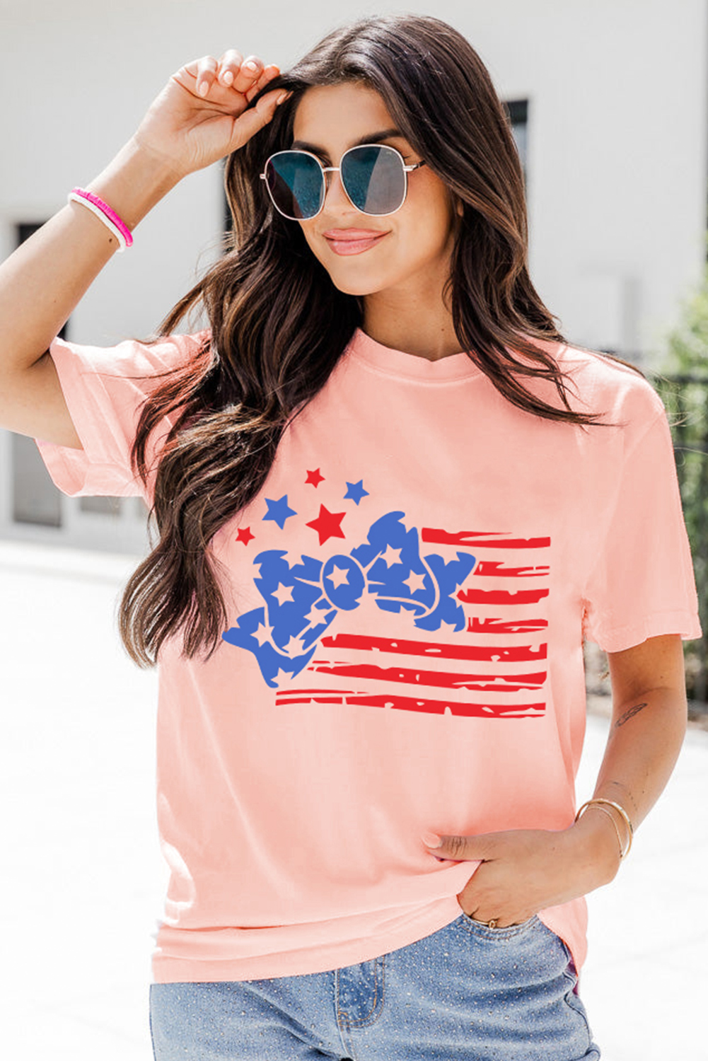 Pink Stars and Stripes Bow Knot Crew Neck T Shirt - loveforevers