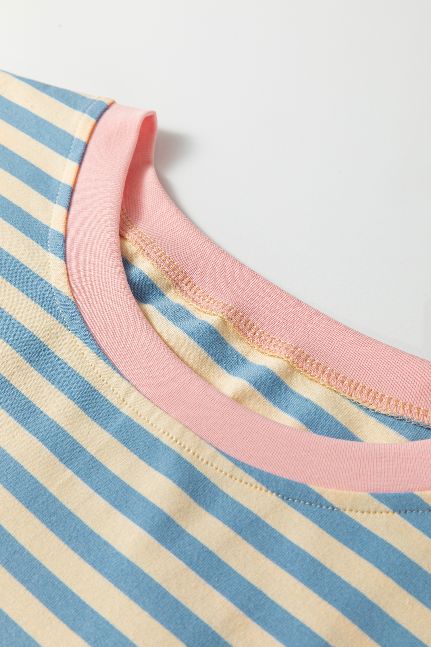 Sky Blue Stripe Contrast Crew Neck Drop Shoulder Loose Tee - loveforevers