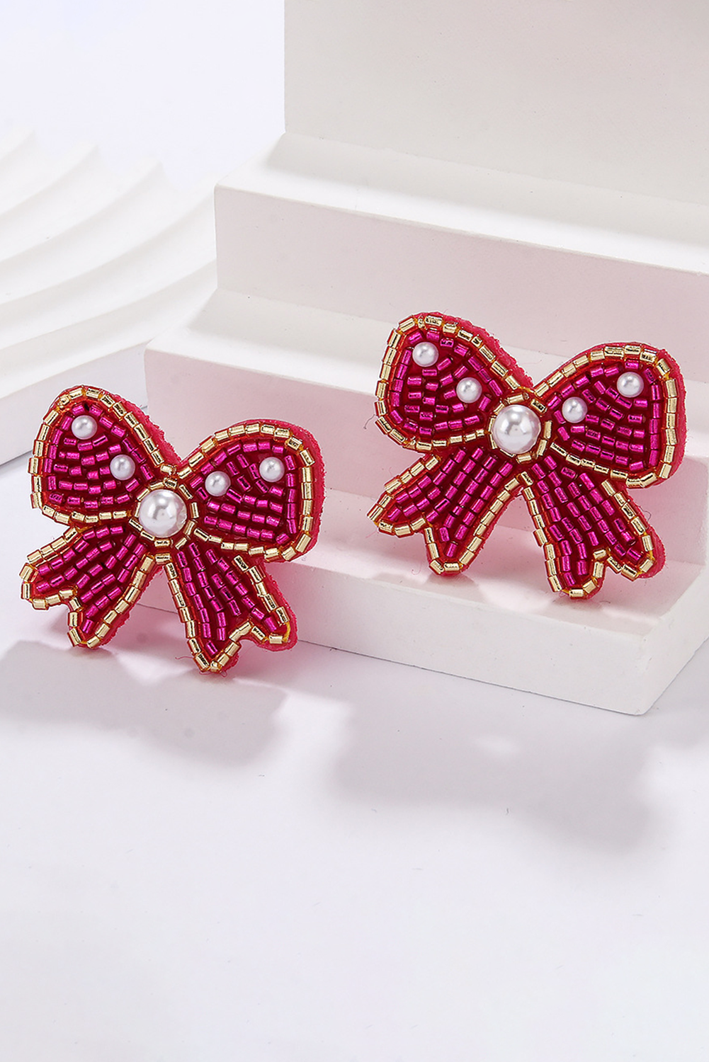 Rose Red Pearl Rice Bead Bow Knot Shape Stud Earrings - loveforevers