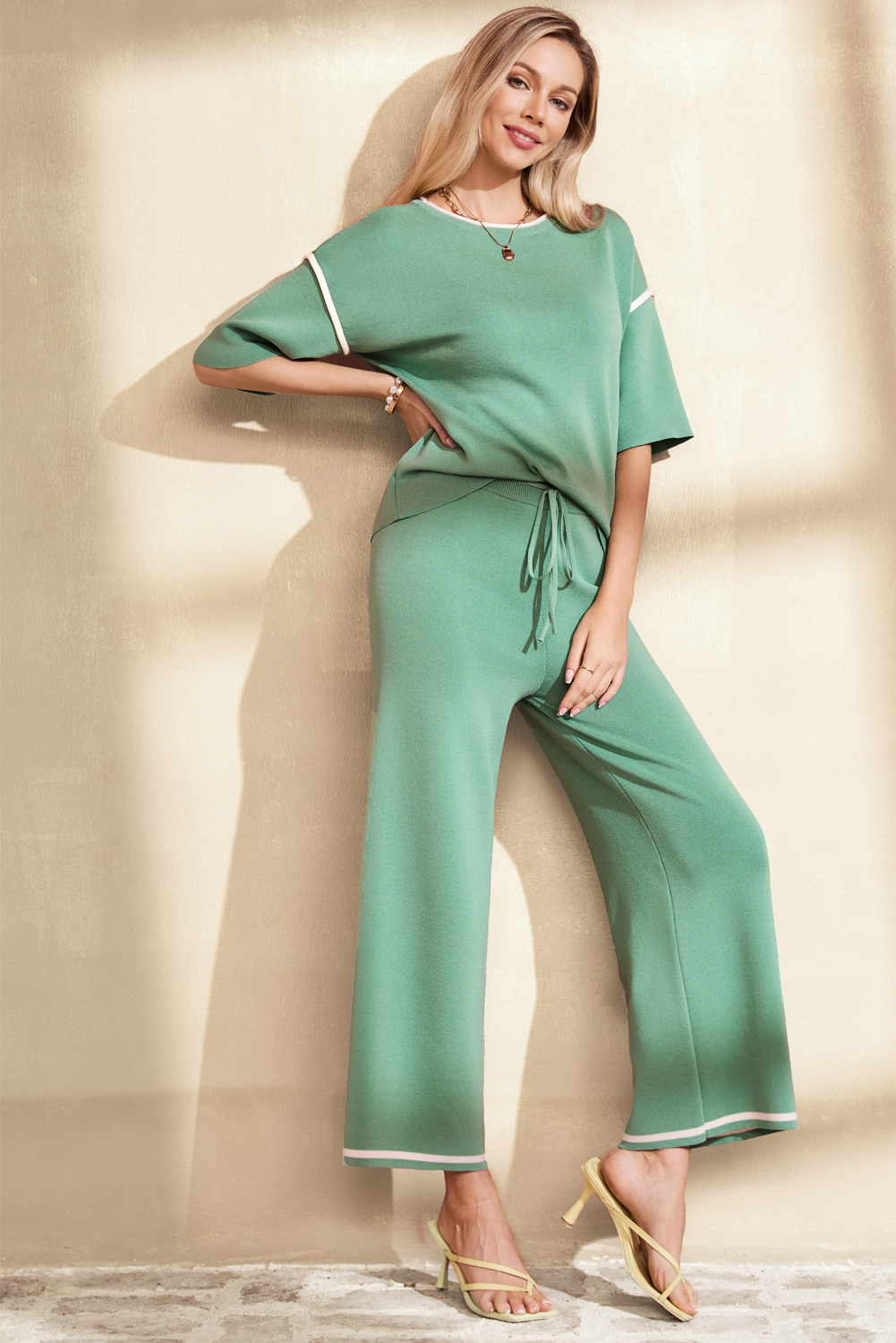 Blackish Green Contrast Trim Half Sleeve Top Drawstring Pants Loose 2pcs Sweater Suit - loveforevers