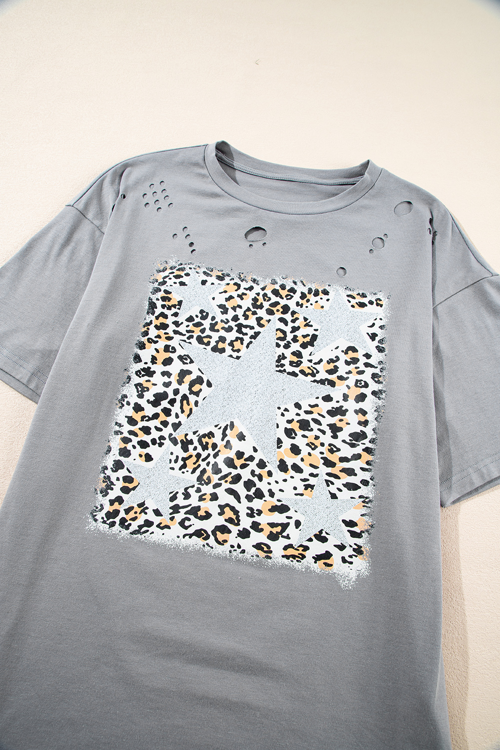 Medium Grey Stars Leopard Graphic Distressed Tee - loveforevers