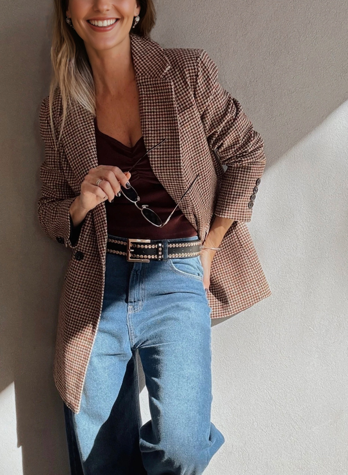 Brown Houndstooth Lapel Collar Blazer - loveforevers