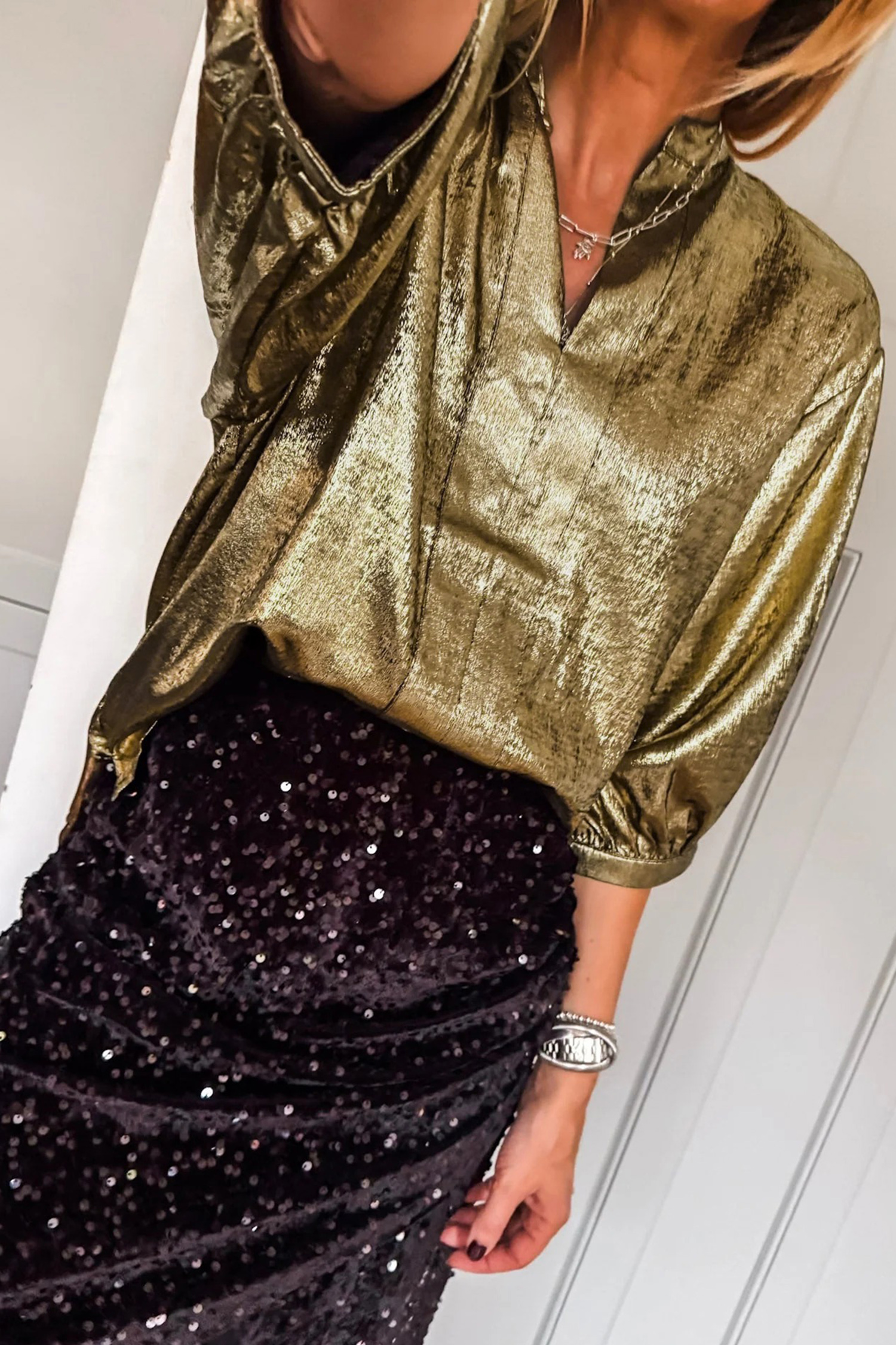 Apricot Metallic Round Neck Smocked Long Sleeve Blouse - loveforevers