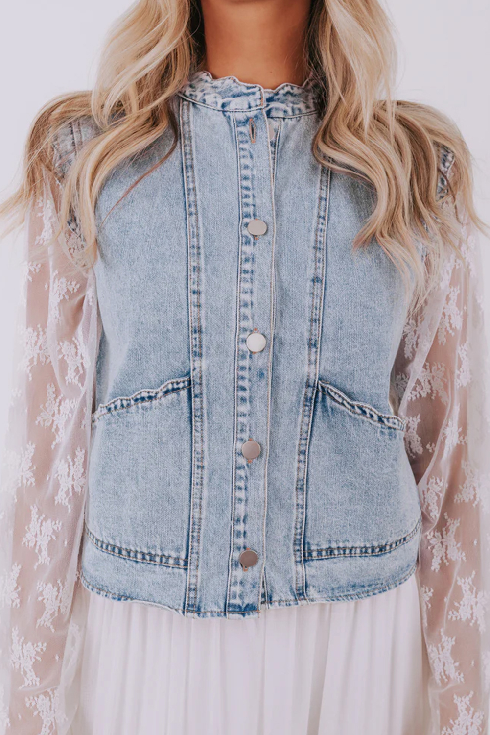 Beau Blue Scalloped Trim Patch Pocket Button Front Denim Vest - loveforevers