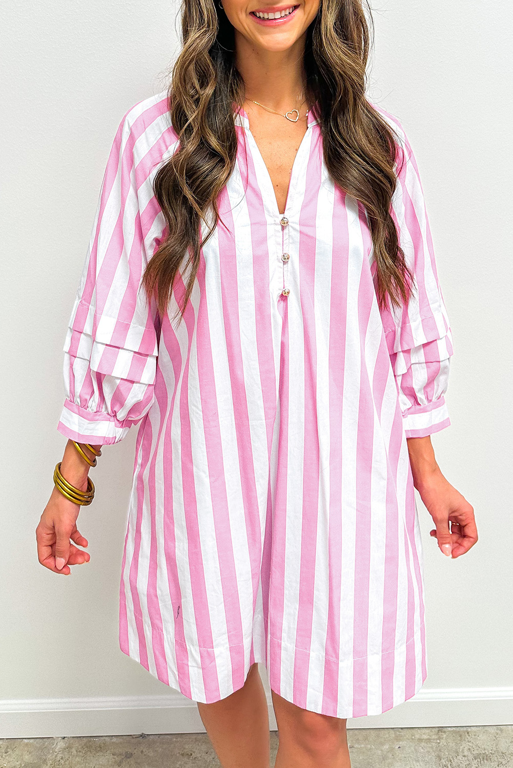 Rose Stripe Bracelet Sleeve Buttons Loose Mini Dress - loveforevers