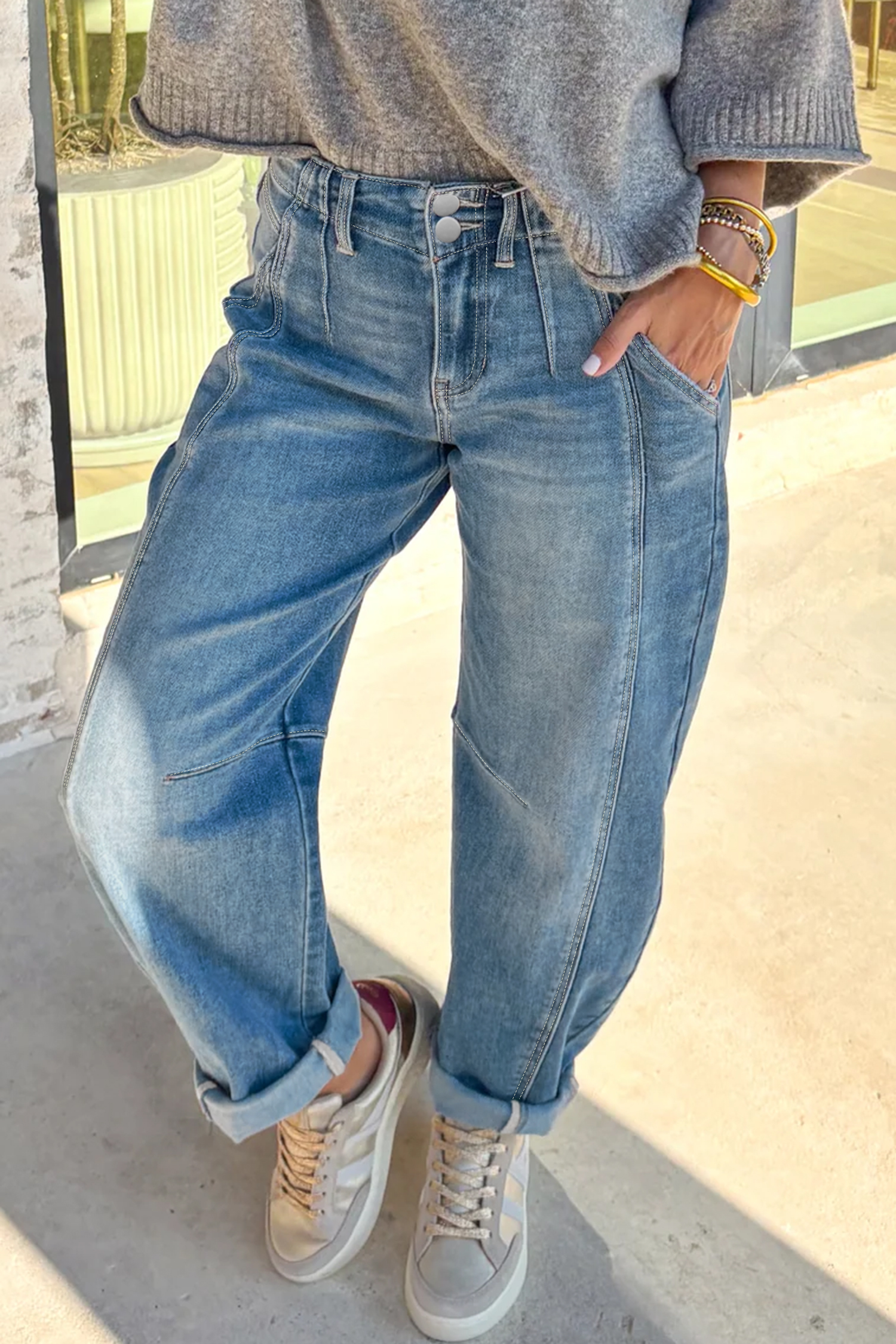 Sky Blue Medium Wash Cuffed Barrel Jeans - loveforevers
