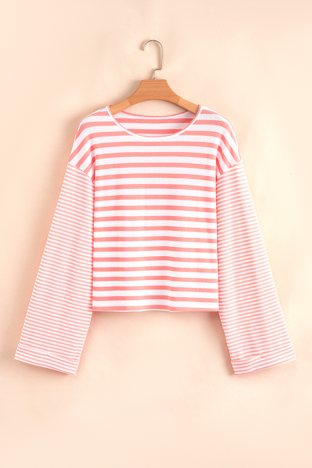 Pink Stripe Textured Contrast Dropped Long Sleeve Top - loveforevers