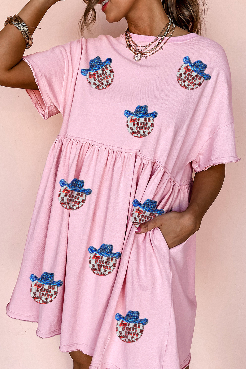 Light Pink American Flag Inspired Sequin Disco Ball Patched Shift Mini Dress - loveforevers