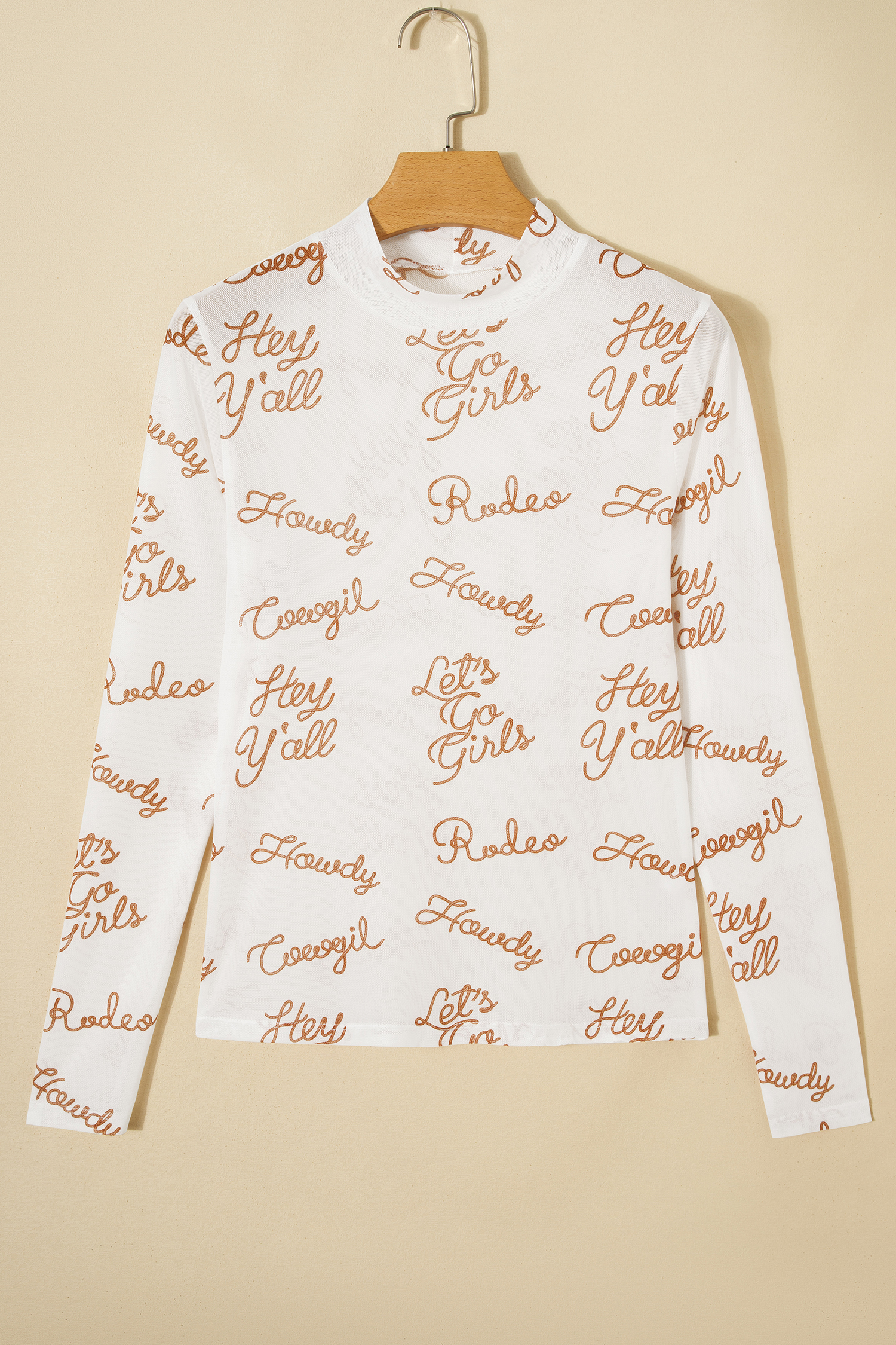 White Howdy Hey Yall Mesh High Neck Long Sleeve Top - loveforevers