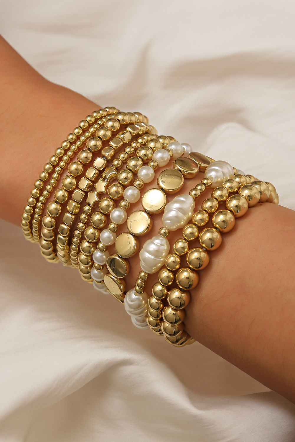 Gold 11pcs Alloy Pleated Pearl Beading Bracelet - loveforevers