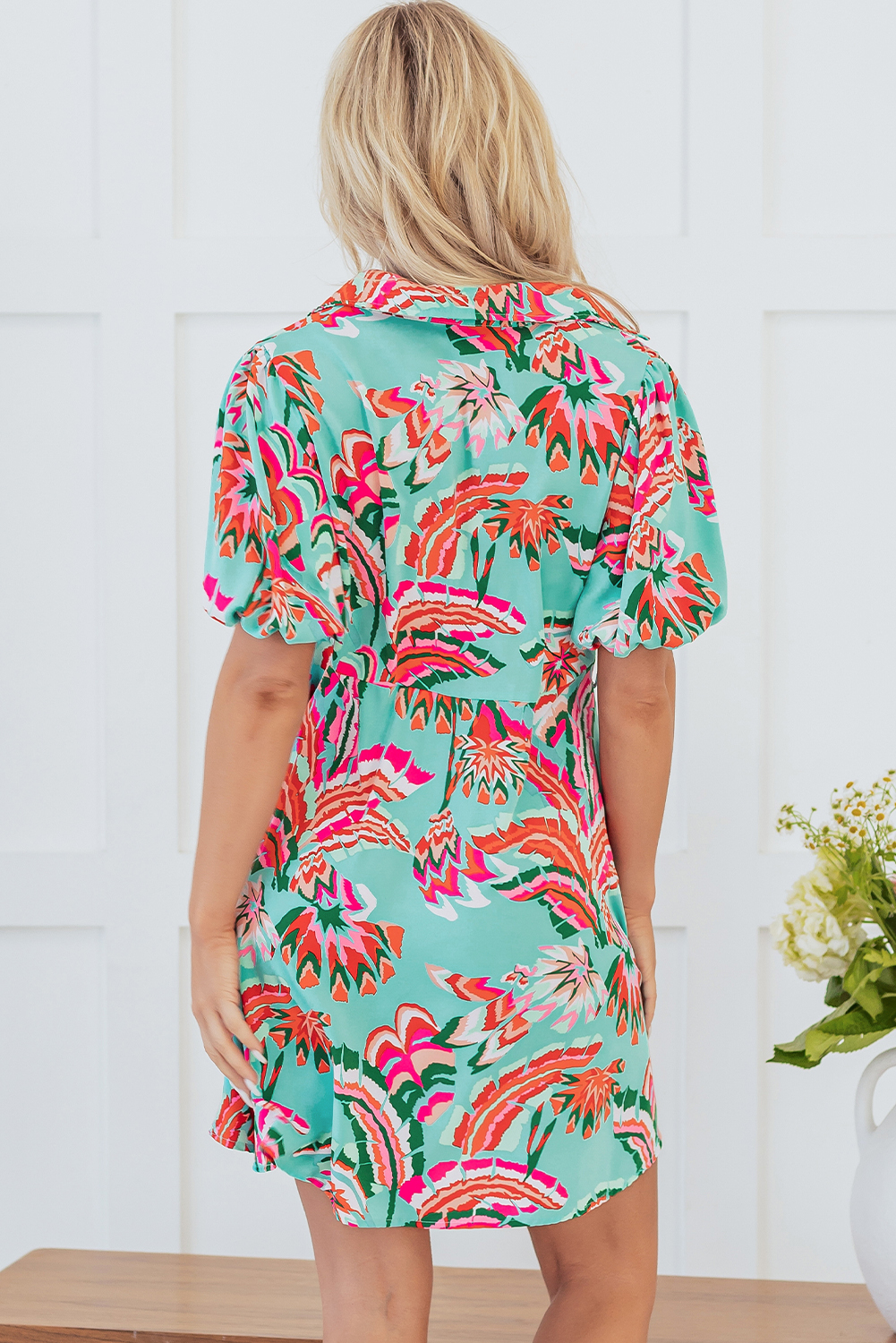 Green Abstract Print Lace-up High Waist Buttoned Mini Dress - loveforevers