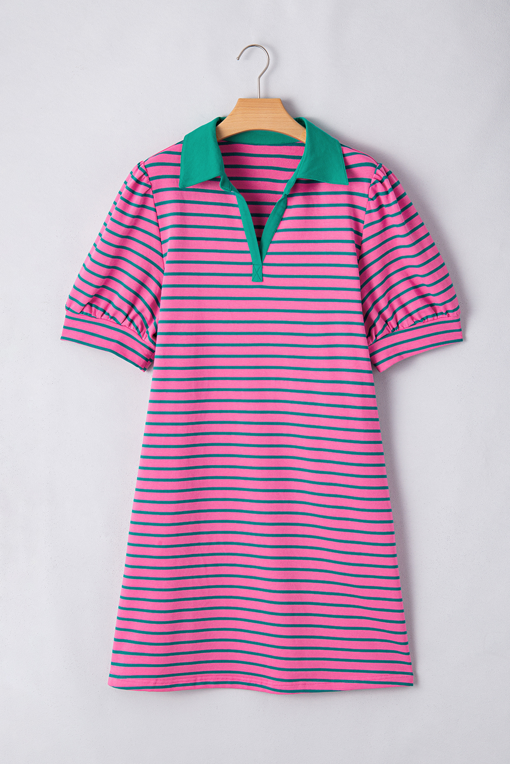 Pink Stripe Collared V Neck Puff Sleeve T Shirt Dress - loveforevers
