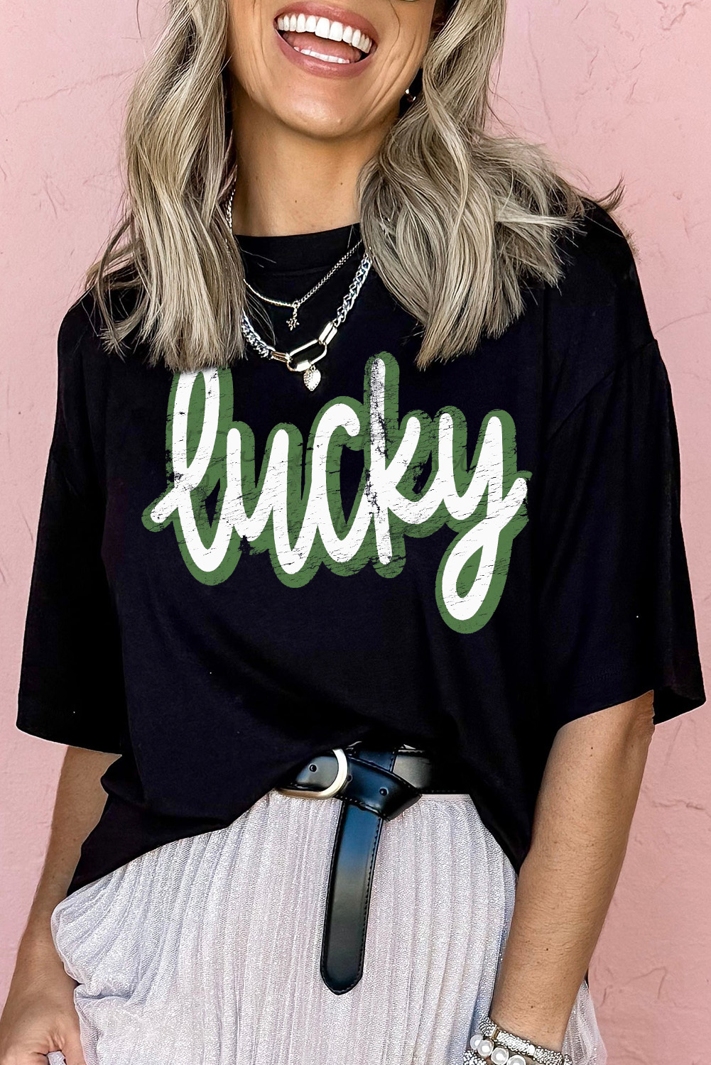 Black St Patricks Day lucky Cracked Letter Graphic T Shirt - loveforevers