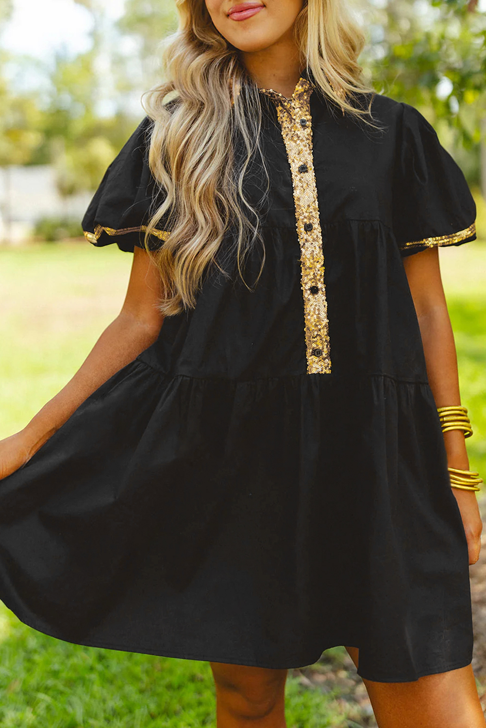 Black Sequin Trim Bubble Sleeve Game Day Shirt Dress - loveforevers