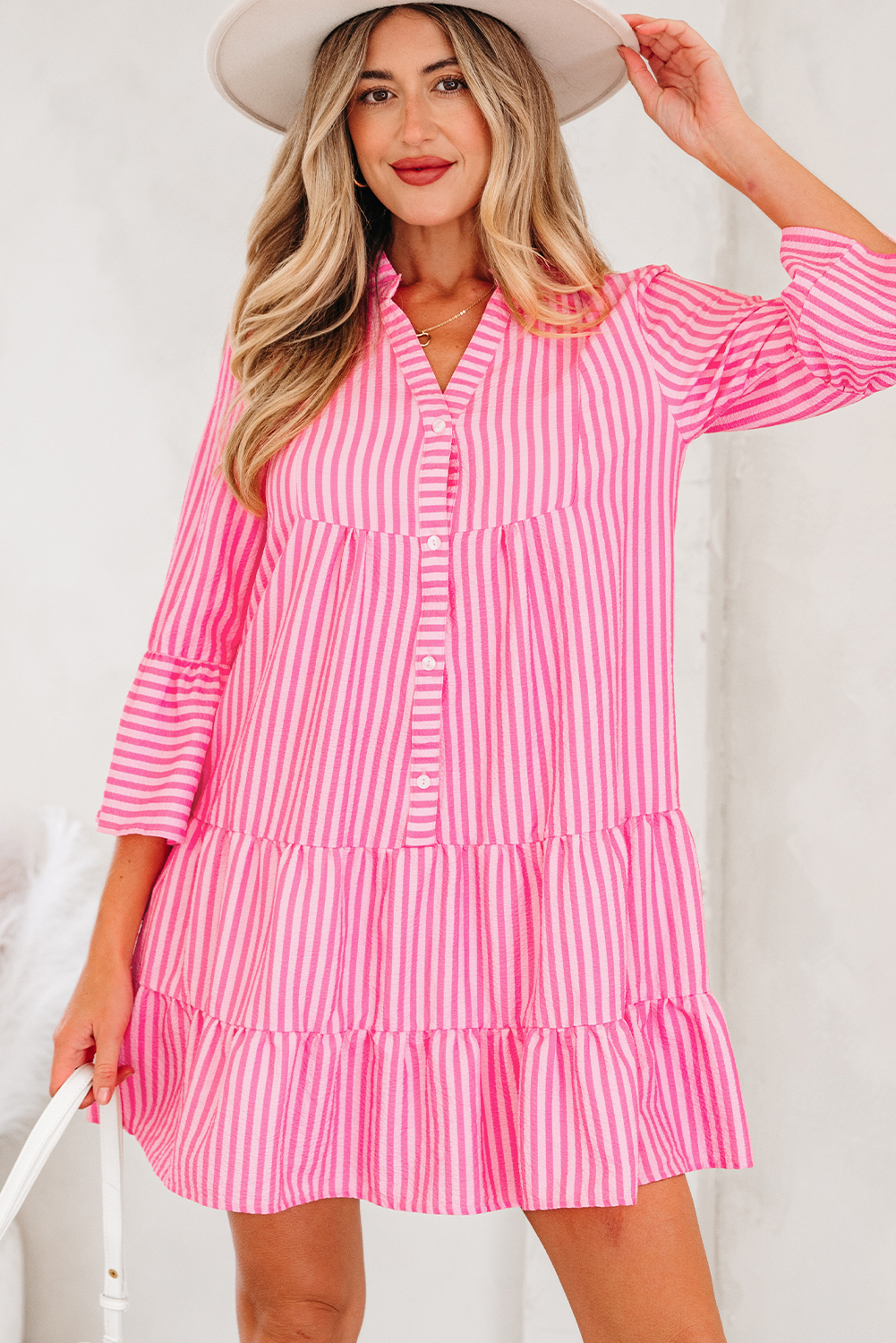 Pink Stripe Flare Sleeve Half Placket Tiered Flowy Mini Dress - loveforevers