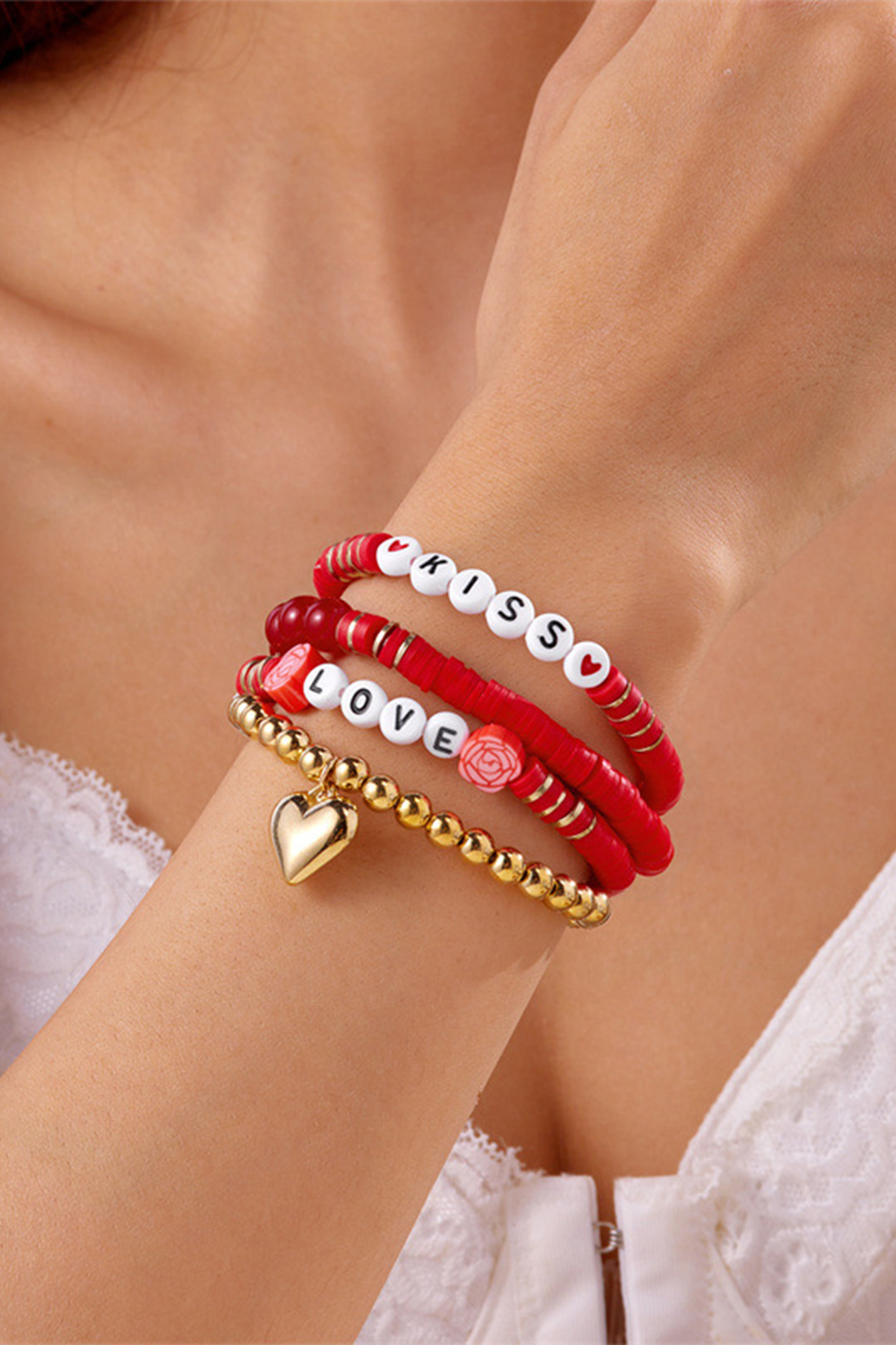 Fiery Red KISS LOVE Valentines Day Golden Beading Bracelets 4pcs Set - loveforevers
