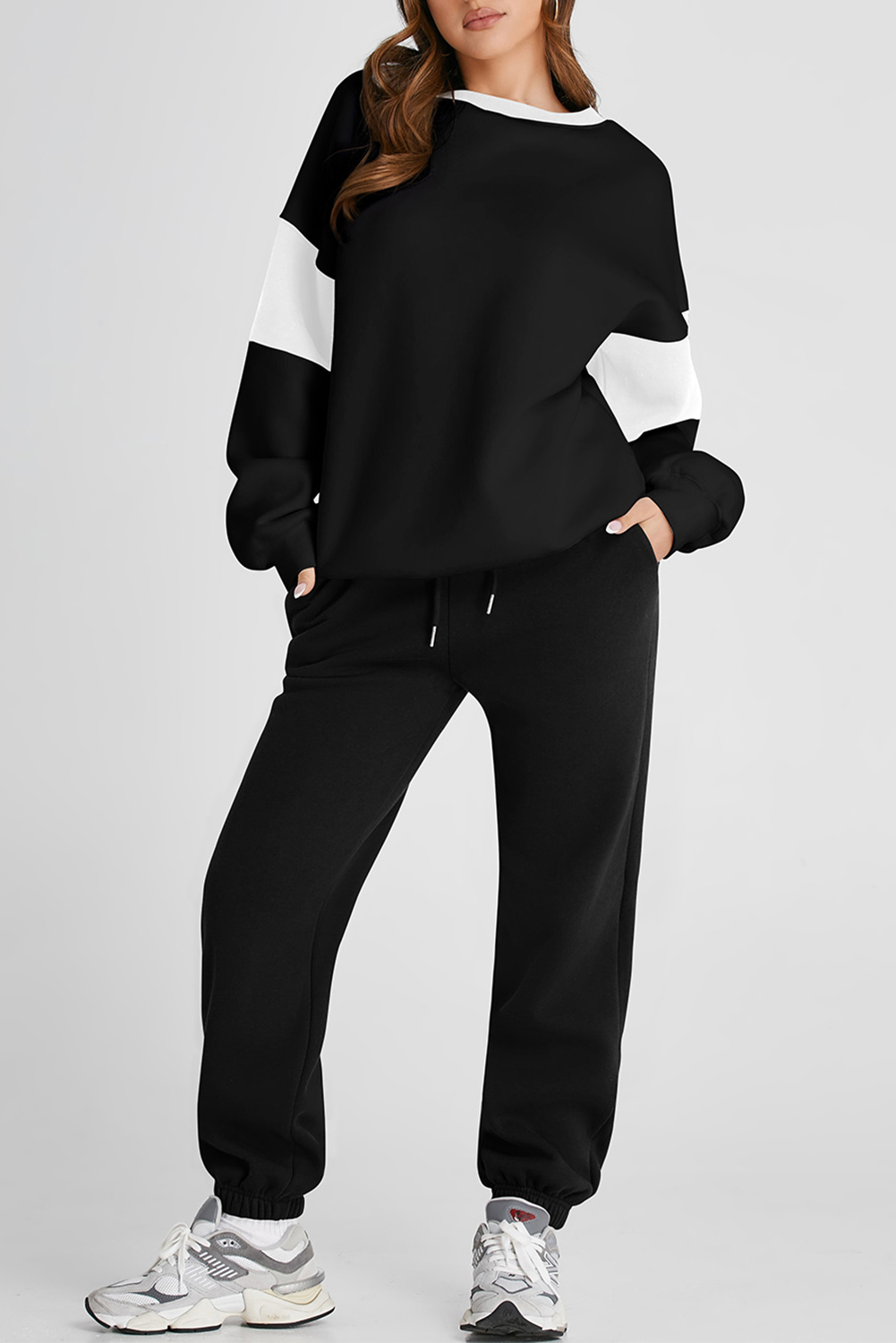 Black Drop Shoulder Loose Sweatshirt and Joggers Active Set - loveforevers