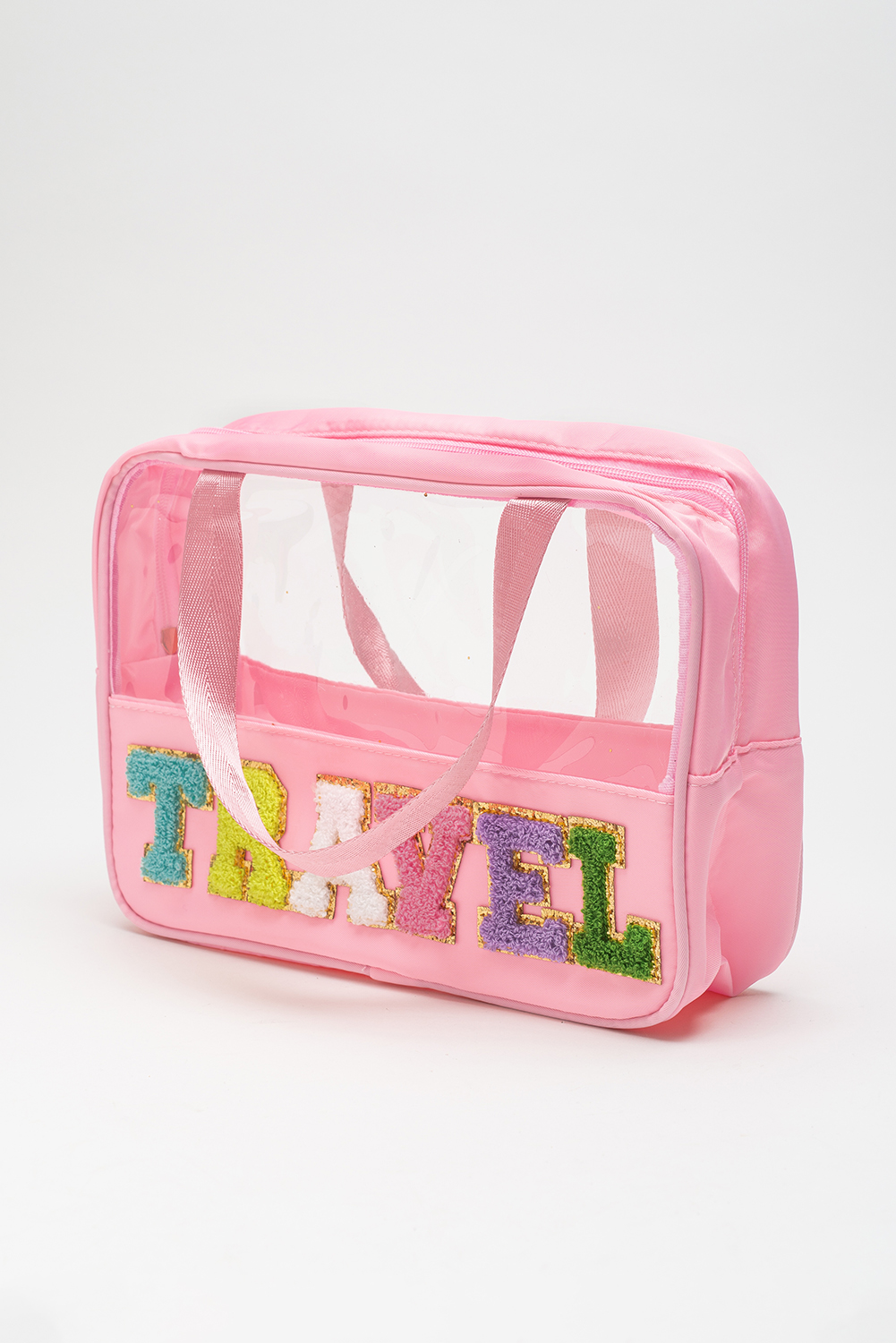Light Pink TRAVEL Chenille Letter Clear PVC Makeup Bag - loveforevers