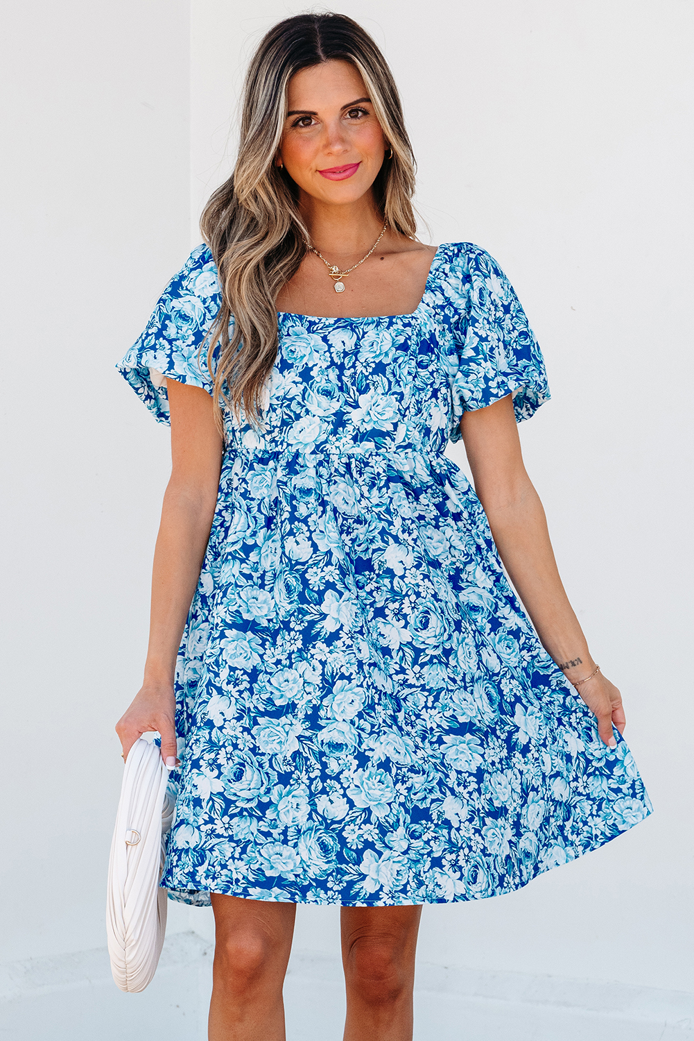 Blue Floral Puff Sleeve Babydoll Mini Dress - loveforevers