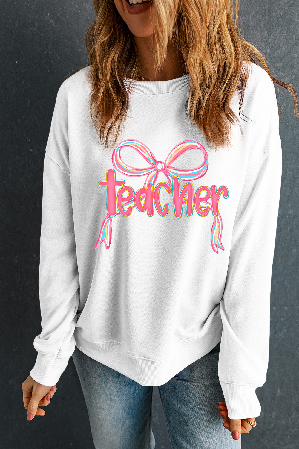 White Teacher Bow PNG Graphic Pullover Sweatshirt - loveforevers