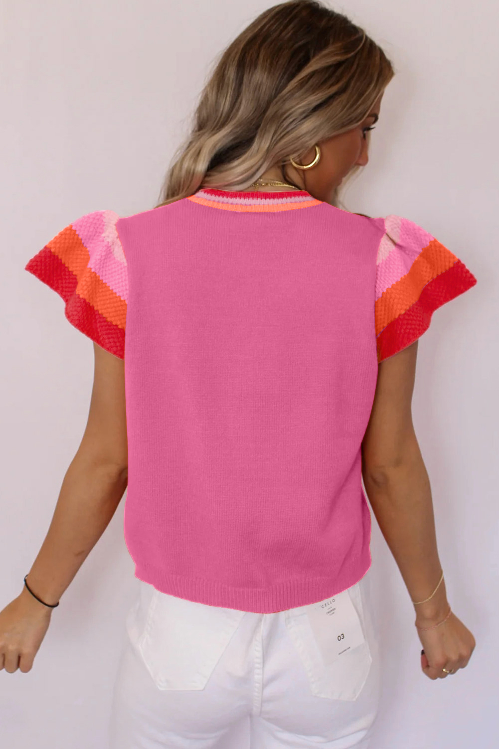 Bright Pink Contrast Flutter Sleeves Knitted Sweater T Shirt - loveforevers