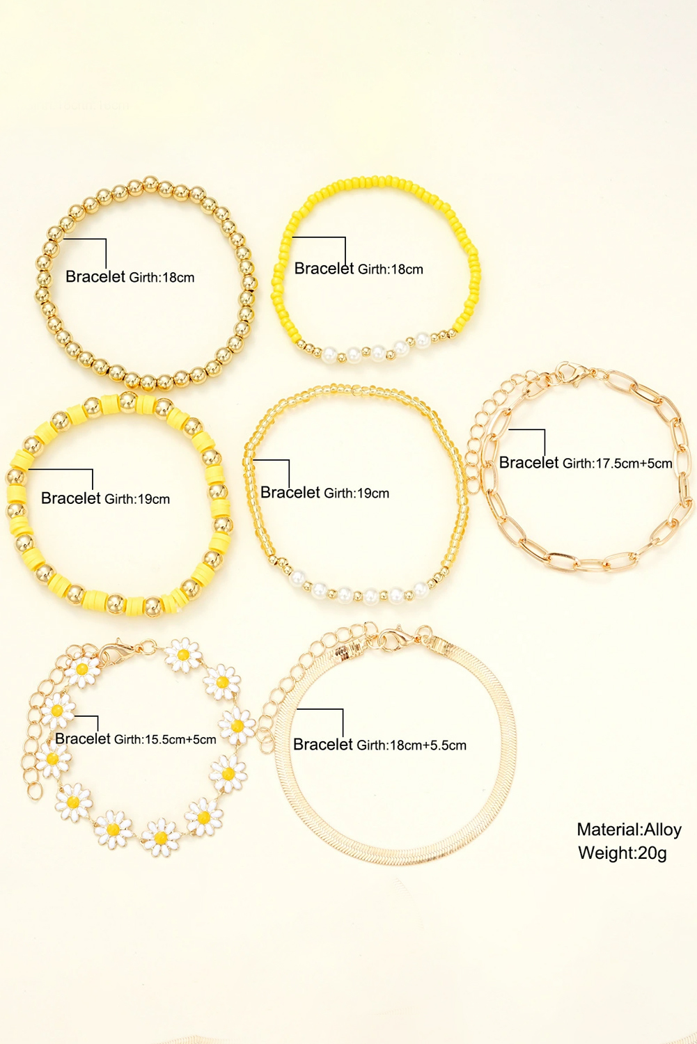 Gold Daisy Beaded Chain Adjustable Multi Layer Bracelet Set - loveforevers