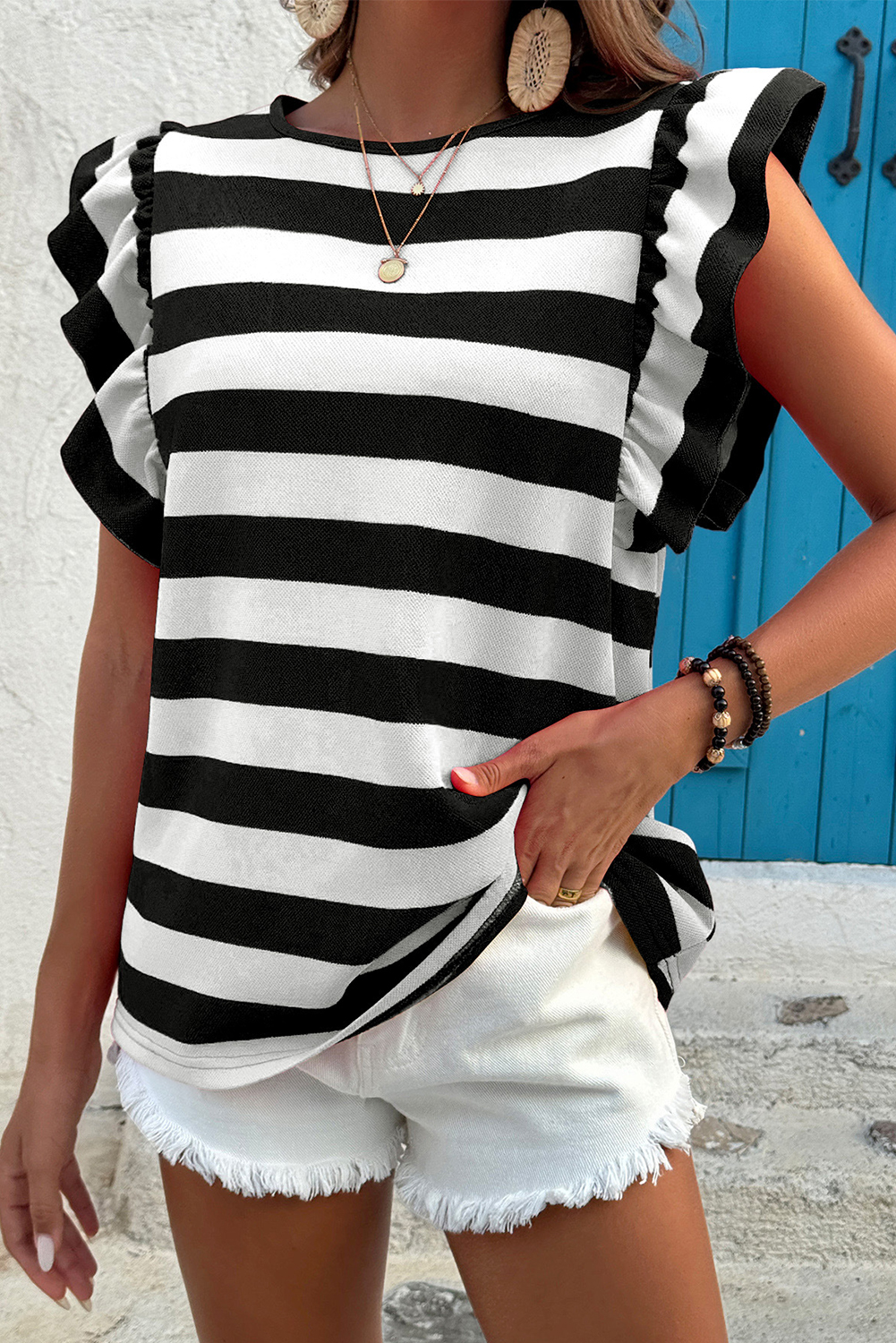 Green Stripe Flutter Sleeve Round Neck Shift Dress - loveforevers