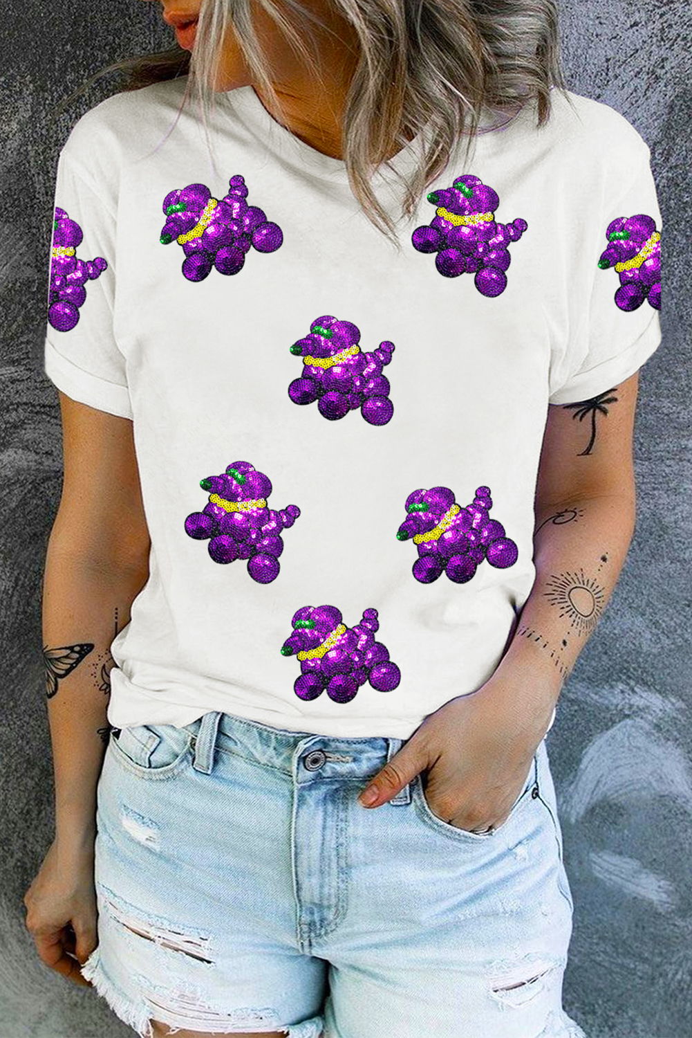 White Sequin Balloon Puppy Graphic Mardi Gras Tee - loveforevers