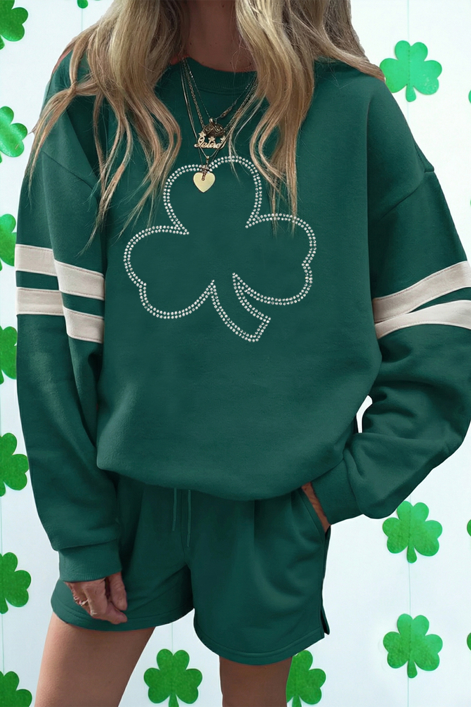 Evergreen Rhinestone Clover Varsity Pullover Drawstring Shorts 2pcs Set - loveforevers