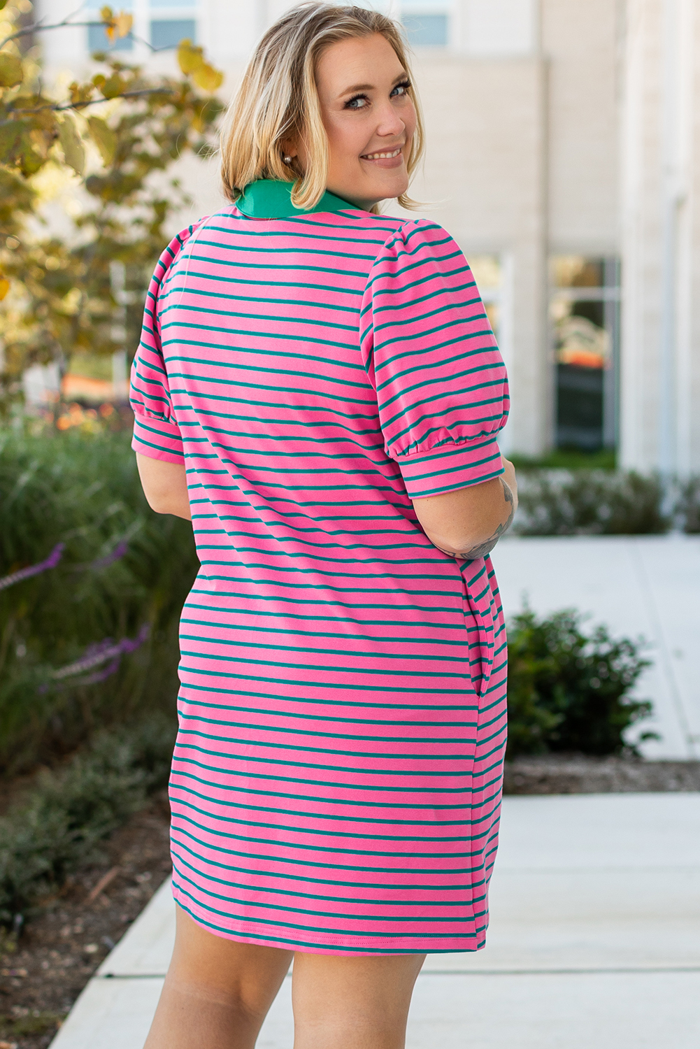 Pink Stripe Collared V Neck Puff Sleeve T Shirt Dress - loveforevers