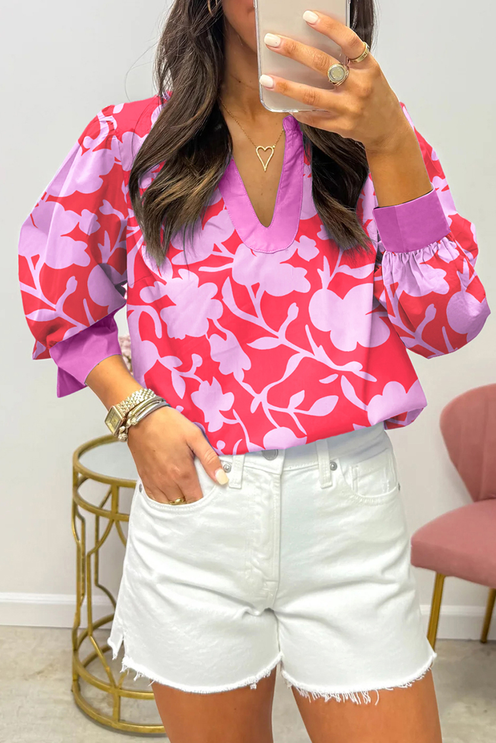 Red Floral Print Split V Neck Cuffed Bracelet Sleeve Blouse - loveforevers