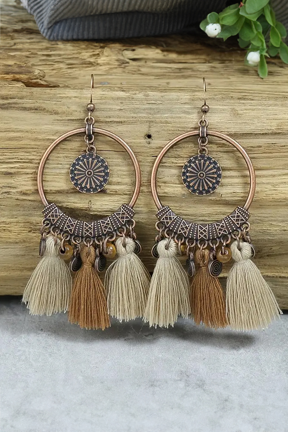 Beige Boho Round Tasseled Dangle Earrings - loveforevers