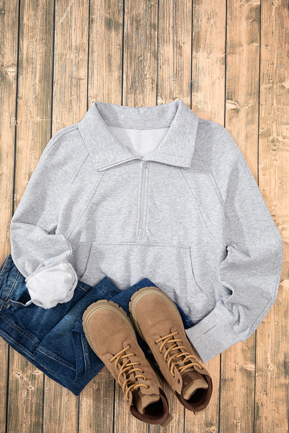 Aruba Blue Quarter Zip Stand Neck Kangaroo Pocket Sweatshirt - loveforevers