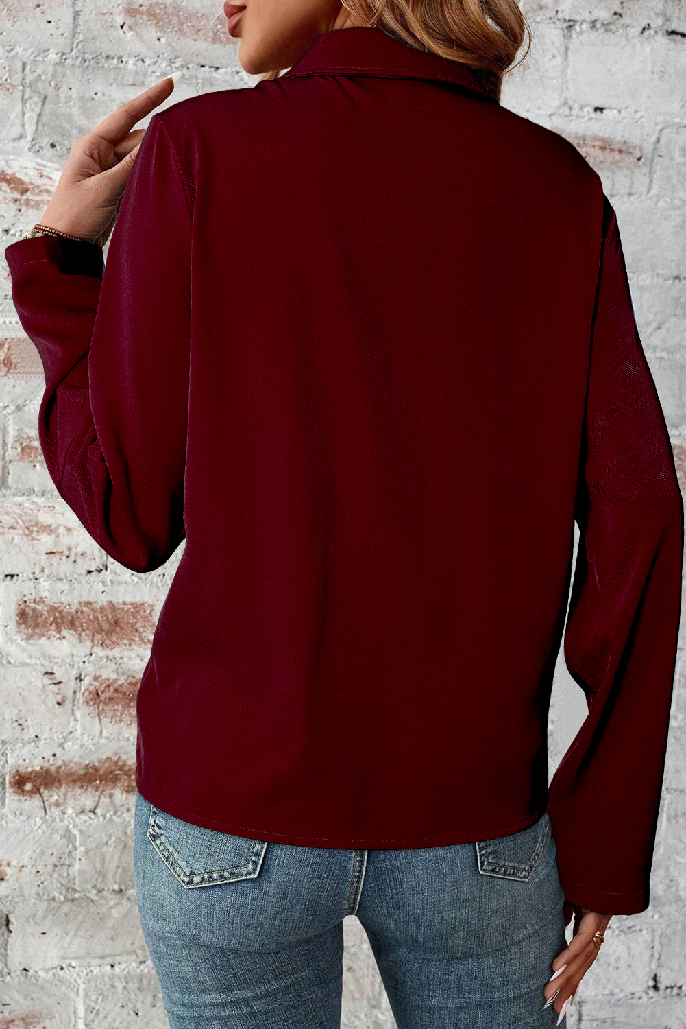 Red Dahlia Collar Tab Sleeve Zip Up Flap Detail Jacket - loveforevers