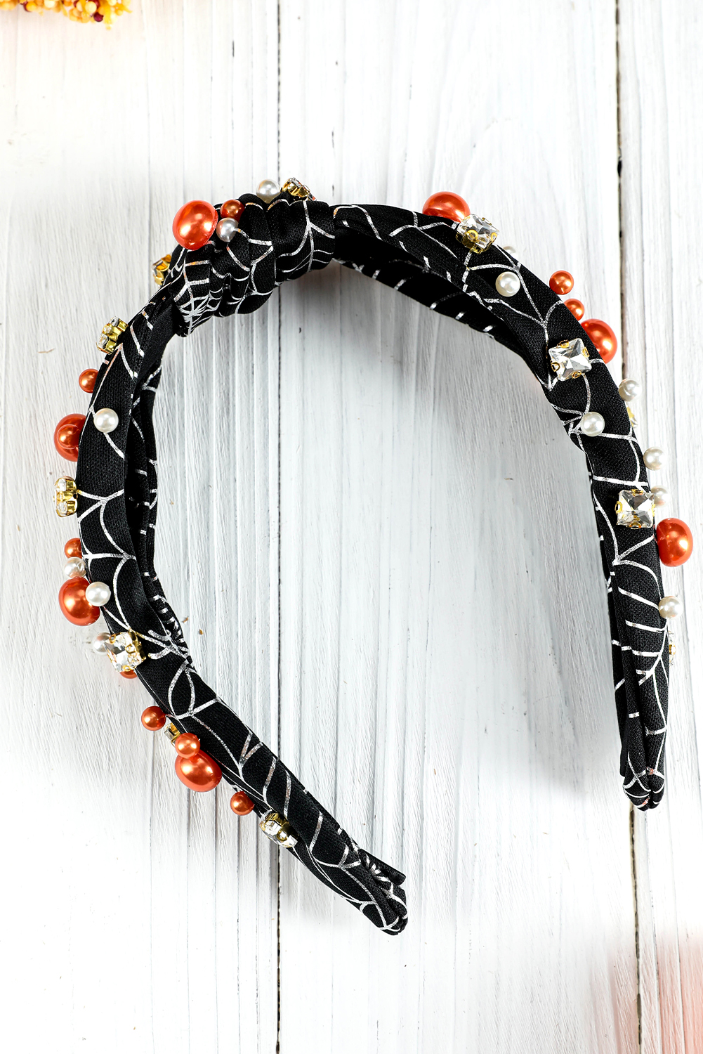 Black Pearled Rhinestone Knotted Spiderweb Halloween Headband - loveforevers
