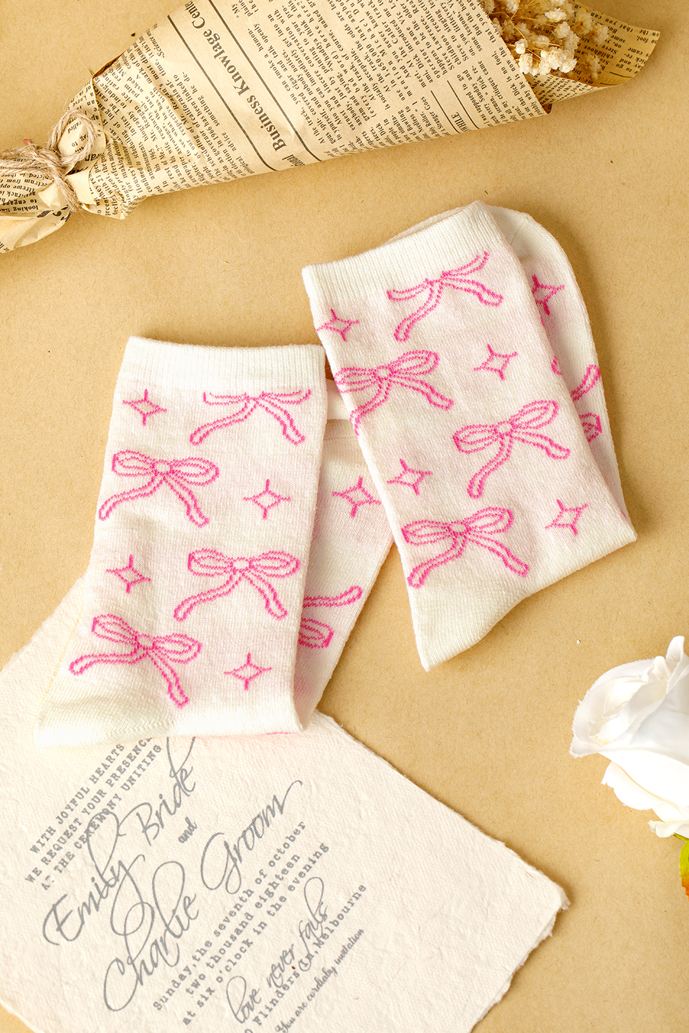 Pink Sweet Bowknot Print Mid Calf Socks - loveforevers