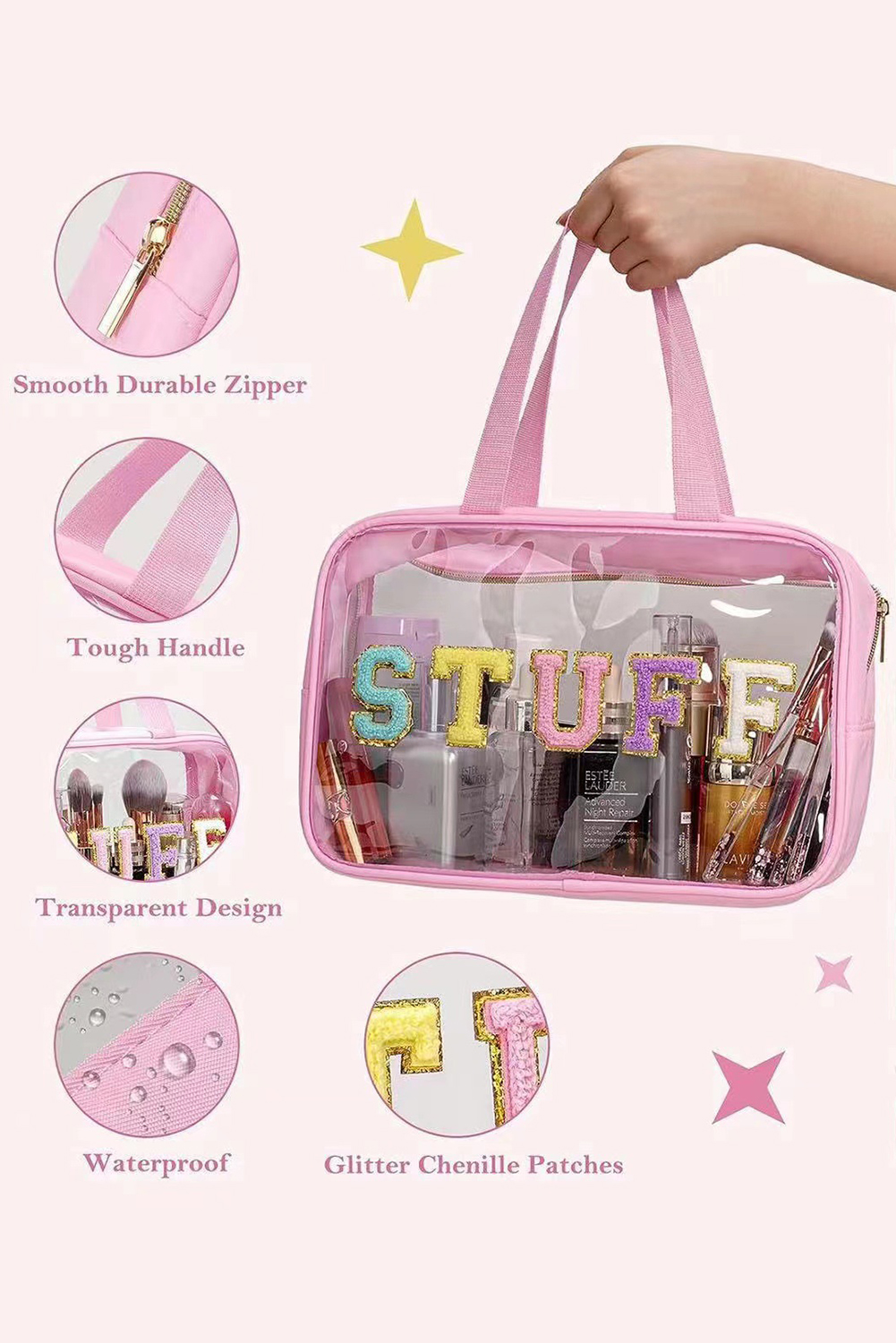 Light Pink TRAVEL Chenille Letter Clear PVC Makeup Bag - loveforevers