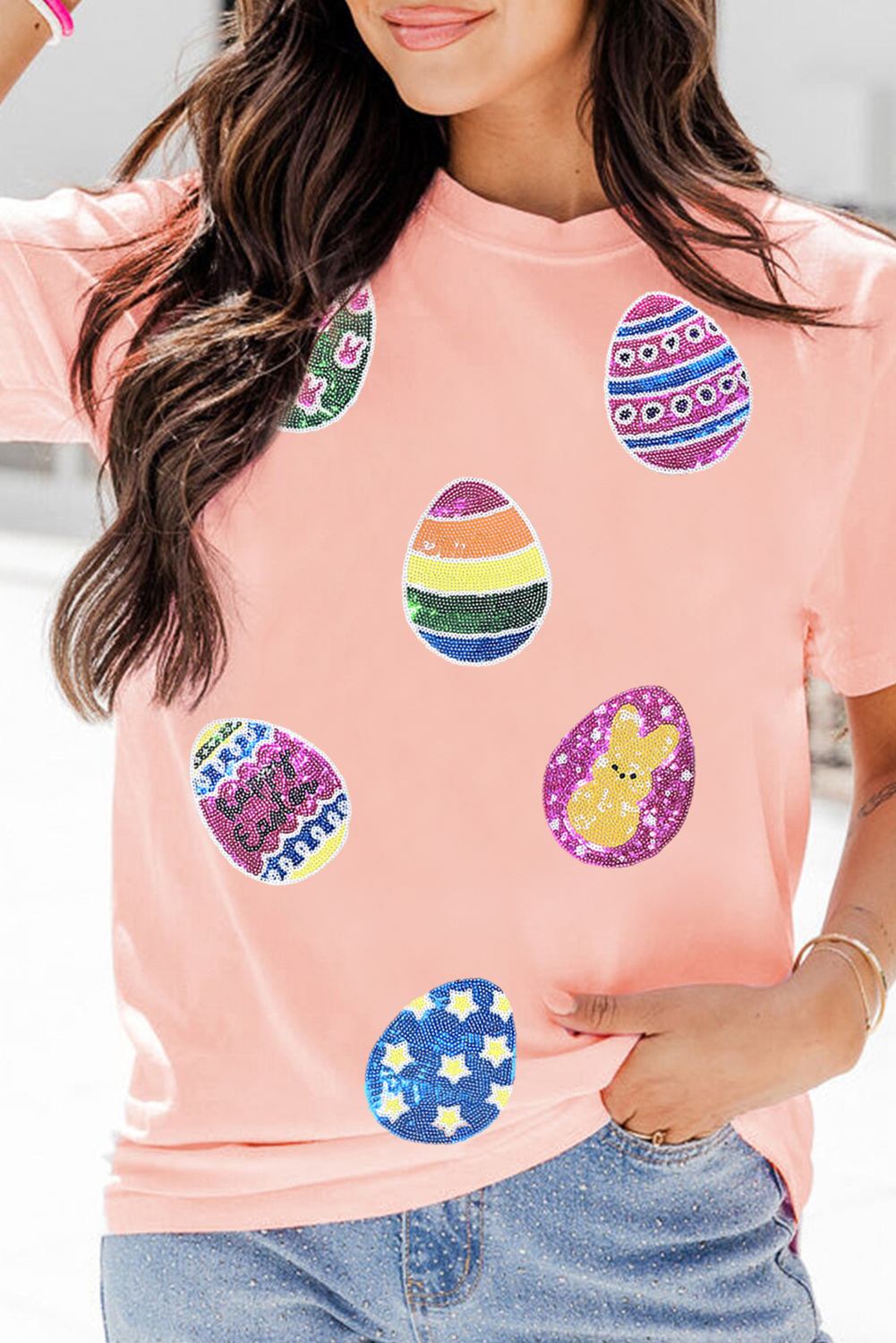 Pink Sequin Easter Eggs Graphic Crewneck T Shirt - loveforevers