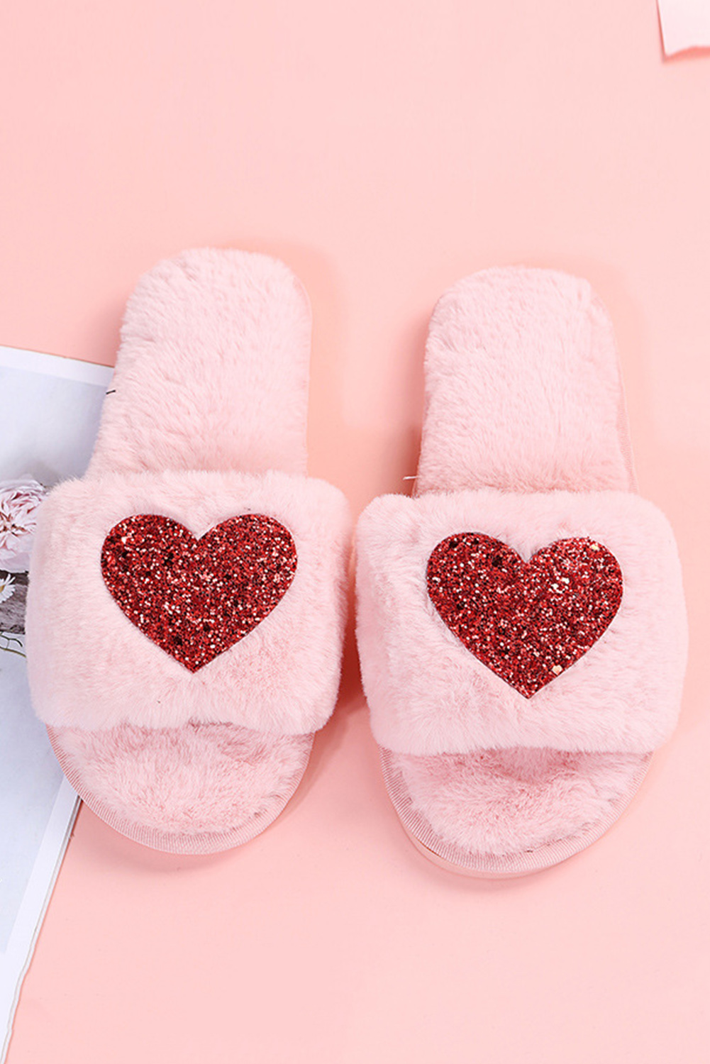 Pink Sequin Heart Shaped Slip On Plush Slippers - loveforevers