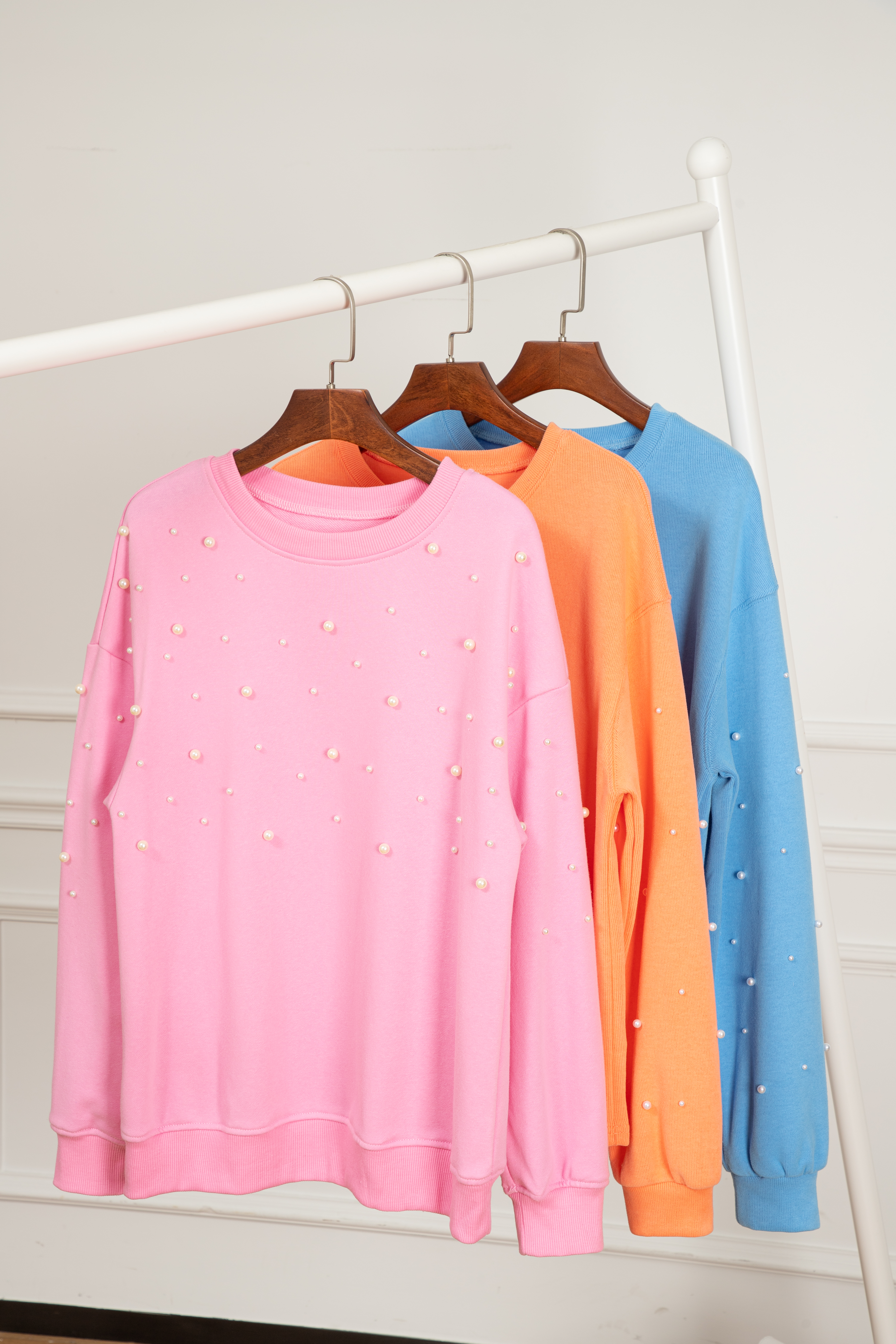 Myosotis Pearled Sleeves Drop Shoulder Round Neck Pullover Sweatshirt - loveforevers