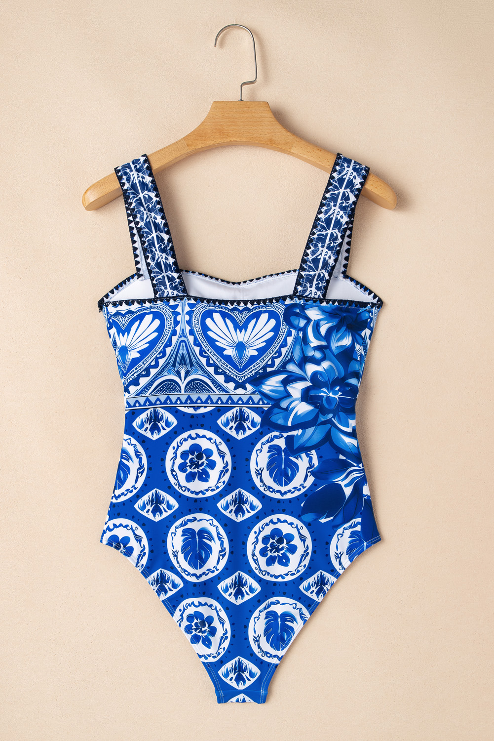 Blue Tile Pattern Ricrac Wide Straps Sheath One Piece Swimsuit - loveforevers
