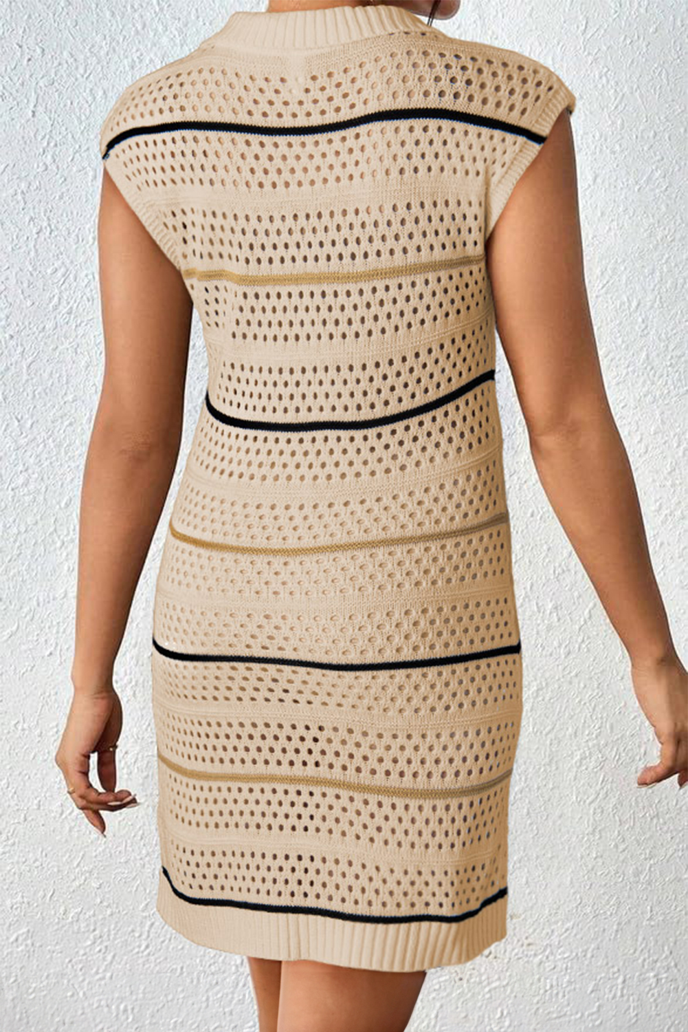 Apricot Beach Eyelet Crochet Knit Striped Detail Polo Tee Dress - loveforevers