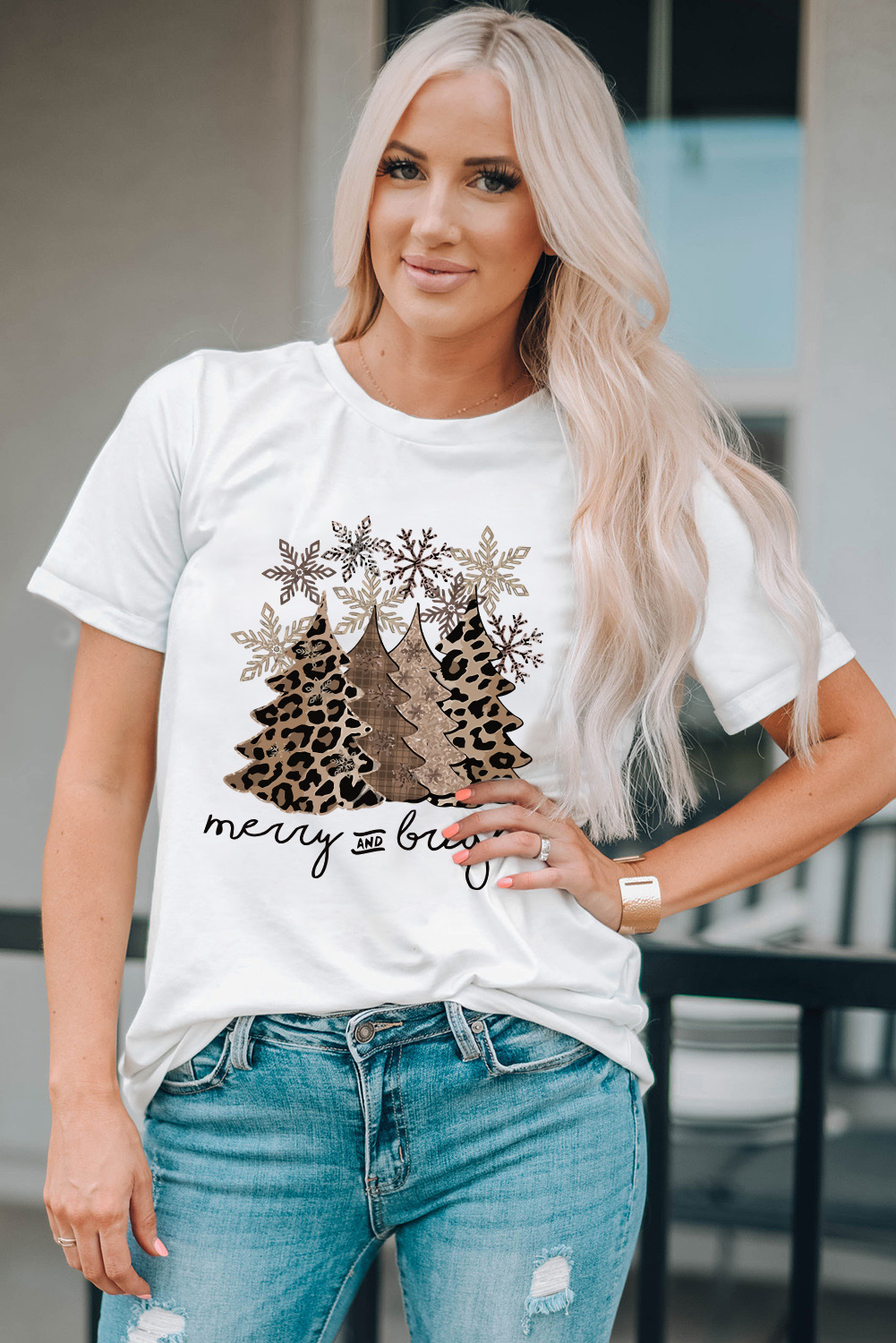 Black Leopard Christmas Tree Graphic Crew Neck T Shirt - loveforevers