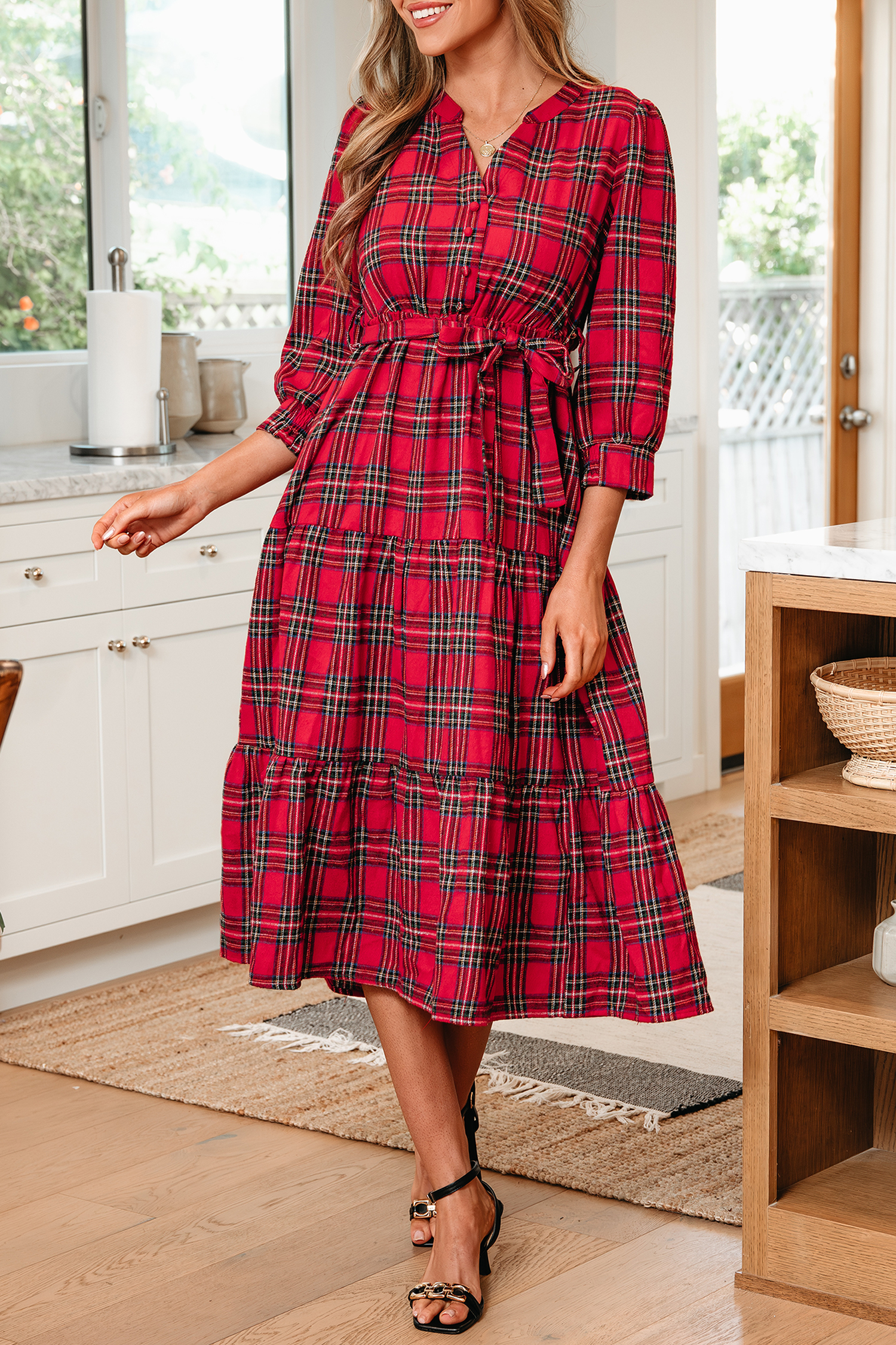 Red Christmas Plaid V Neck 3/4 Sleeve Tie Waist Ruffle Hem Long Dress - loveforevers