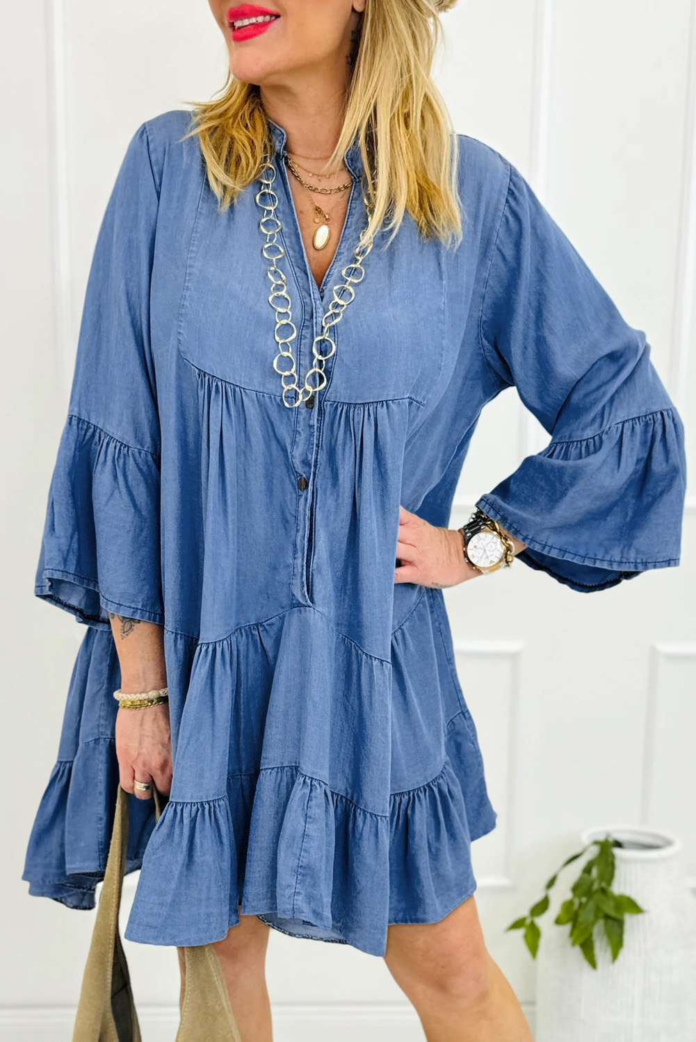 Sky Blue Chambray Ruffled 3/4 Sleeve Tiered Split V Neck Mini Dress - loveforevers