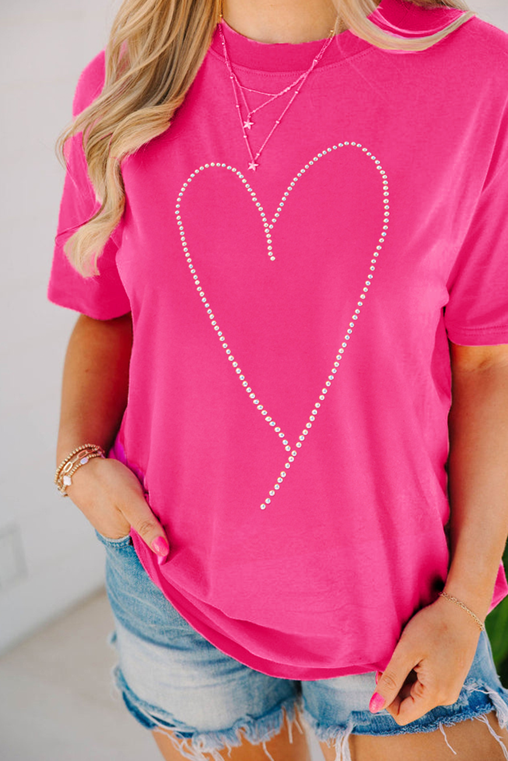 Rose Red Rhinestone Heart Graphic Crew Neck Valentines Tee - loveforevers