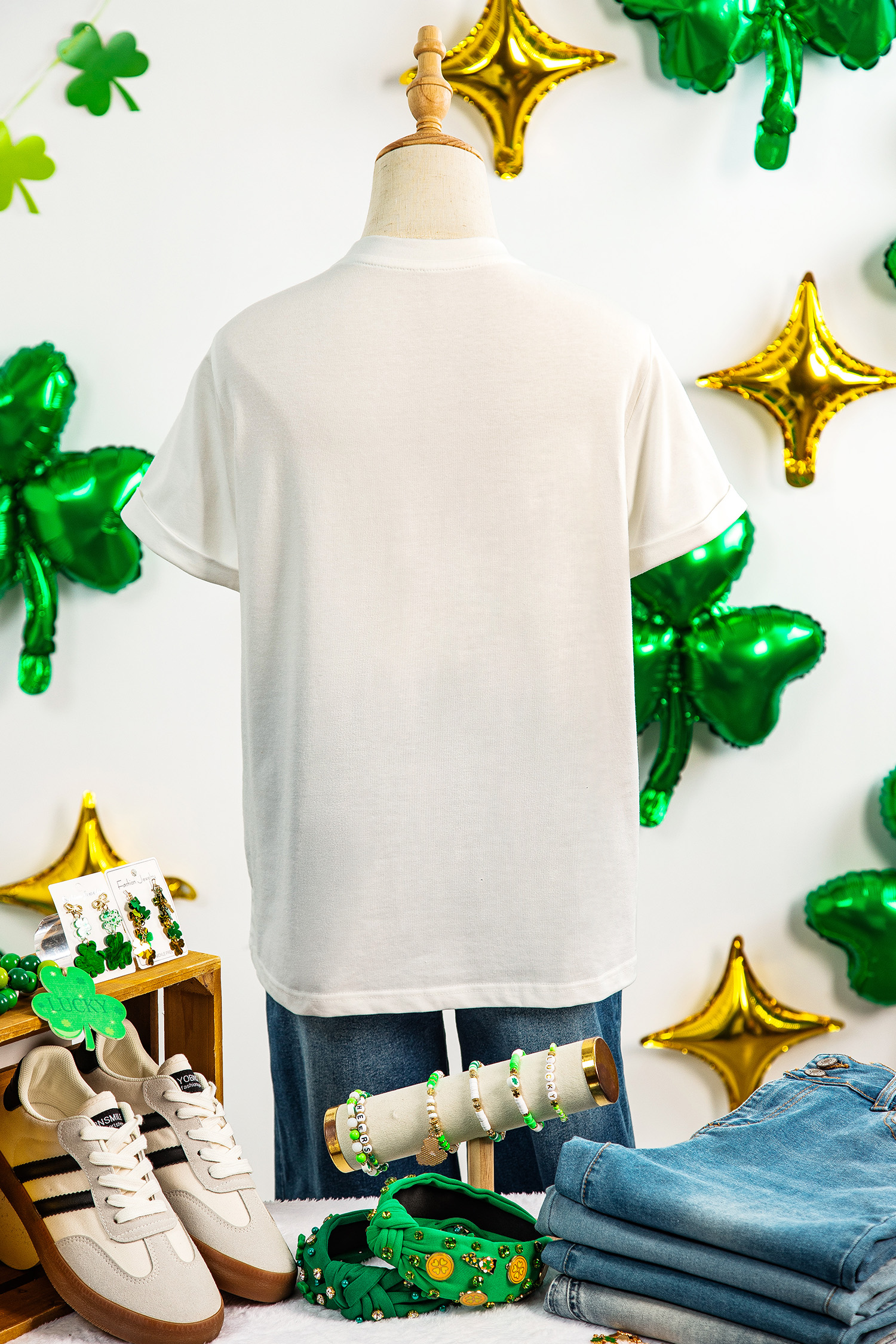 White Embroidered Clover St Patricks Fashion Graphic Tee - loveforevers