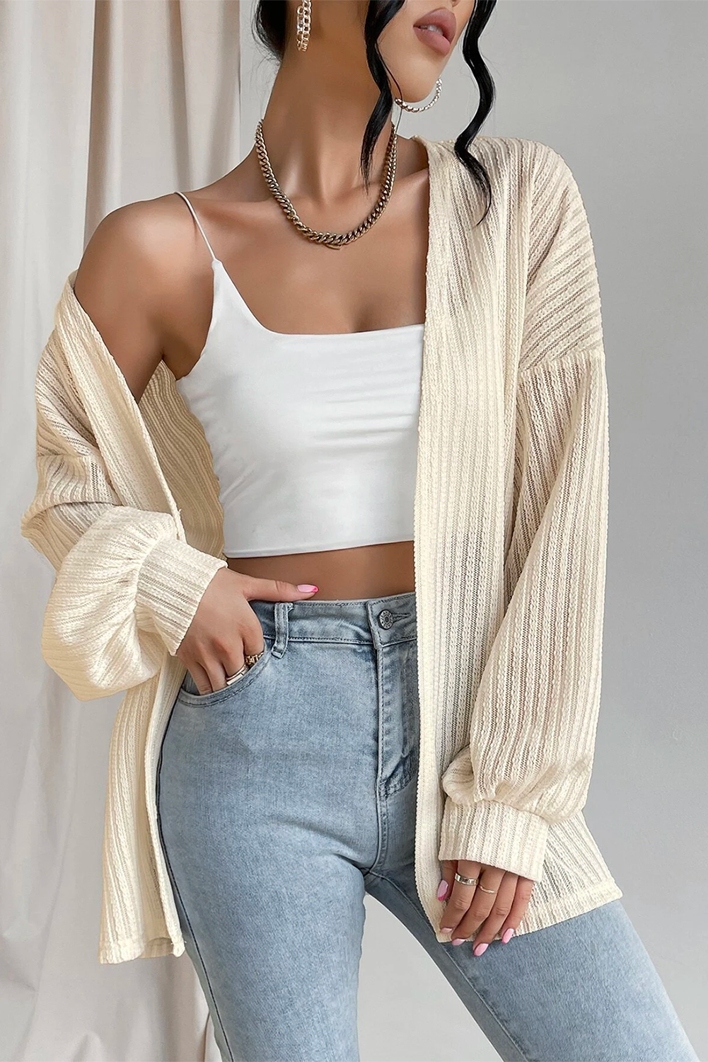 Beige Textured Lantern Sleeve Open Kimono - loveforevers
