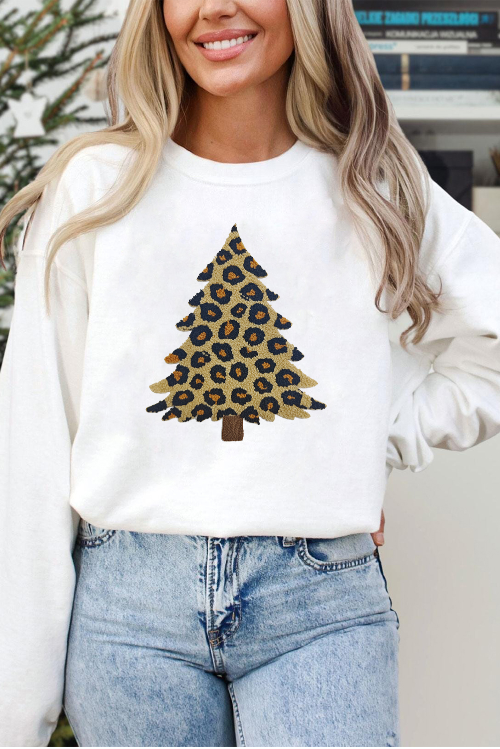 White Plush Leopard Tree Patched Drop Shoulder Sweatshirt - loveforevers